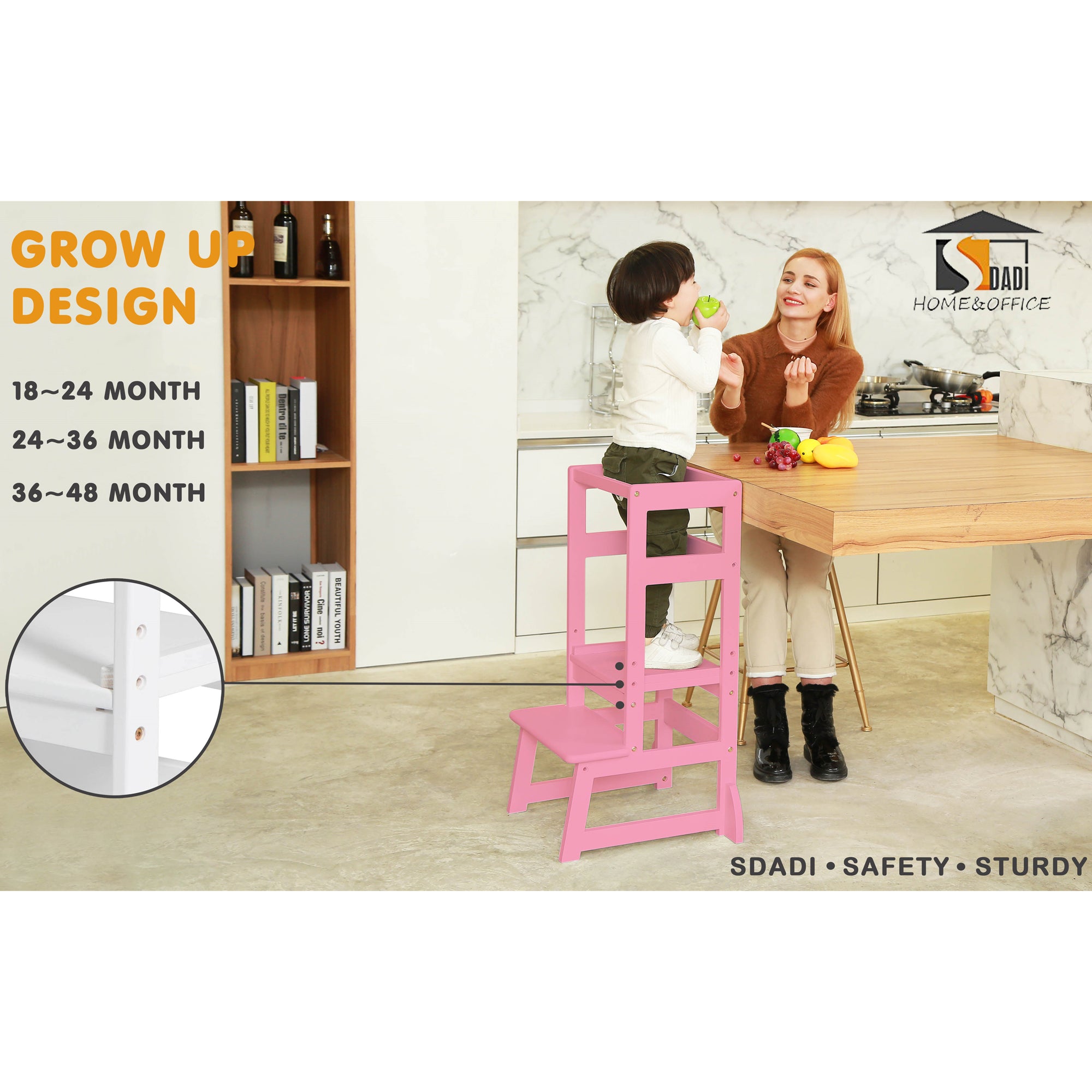 SDADI Mother's Helper Adjustable Height Kids Kitchen Step Stool, Pink (Open Box) - VMInnovations