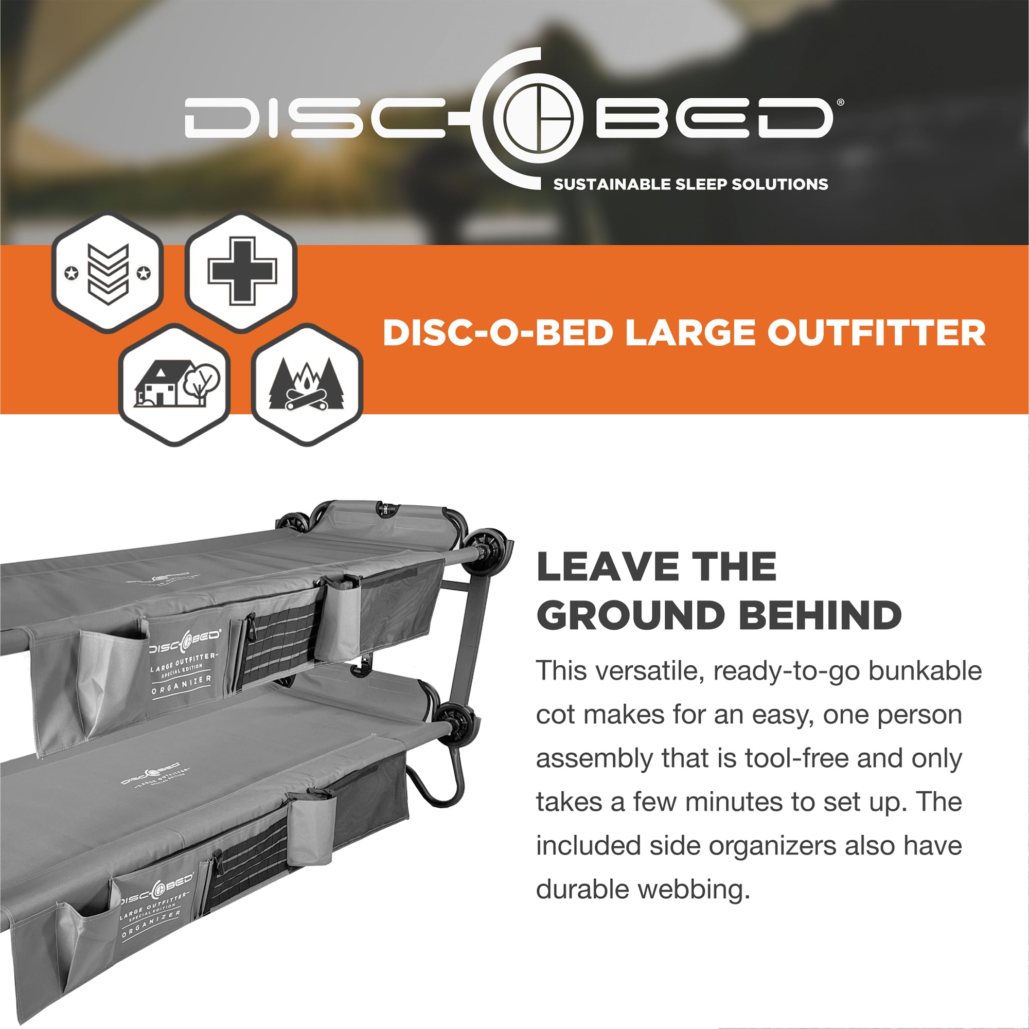 Disc-O-Bed Large Outfitter Bunk Benchable Double Cot w/ Storage Organizers, Gray - VMInnovations