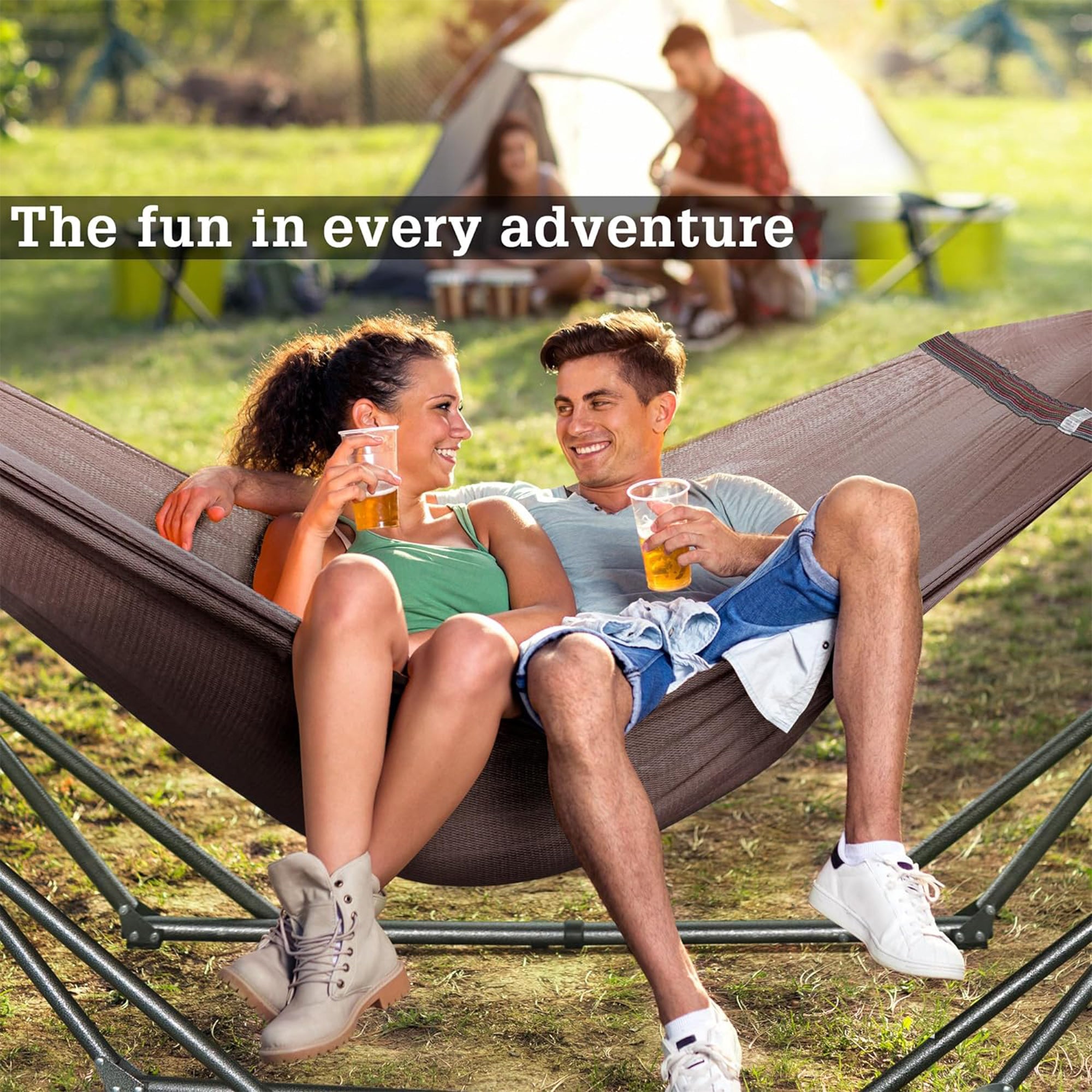 Tranquillo Universal 116" Double Hammock w/Adjustable Stand and Bag, Brown(Used) - VMInnovations