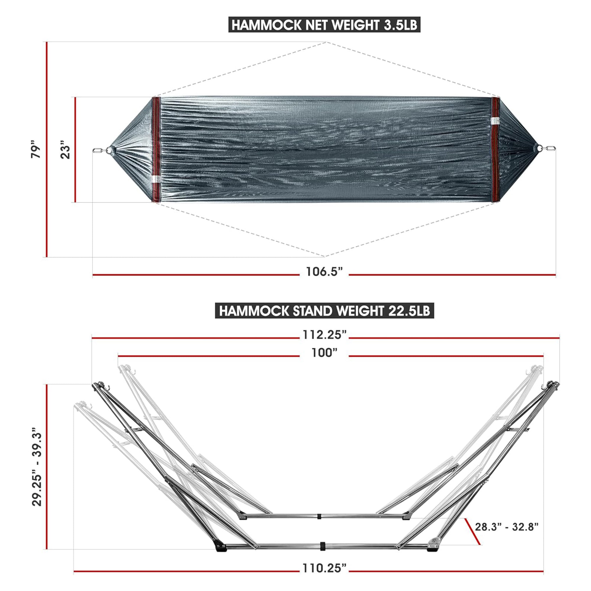 Tranquillo 106" Double Hammock with Adjustable Stand and Bag, Grey (Open Box) - VMInnovations