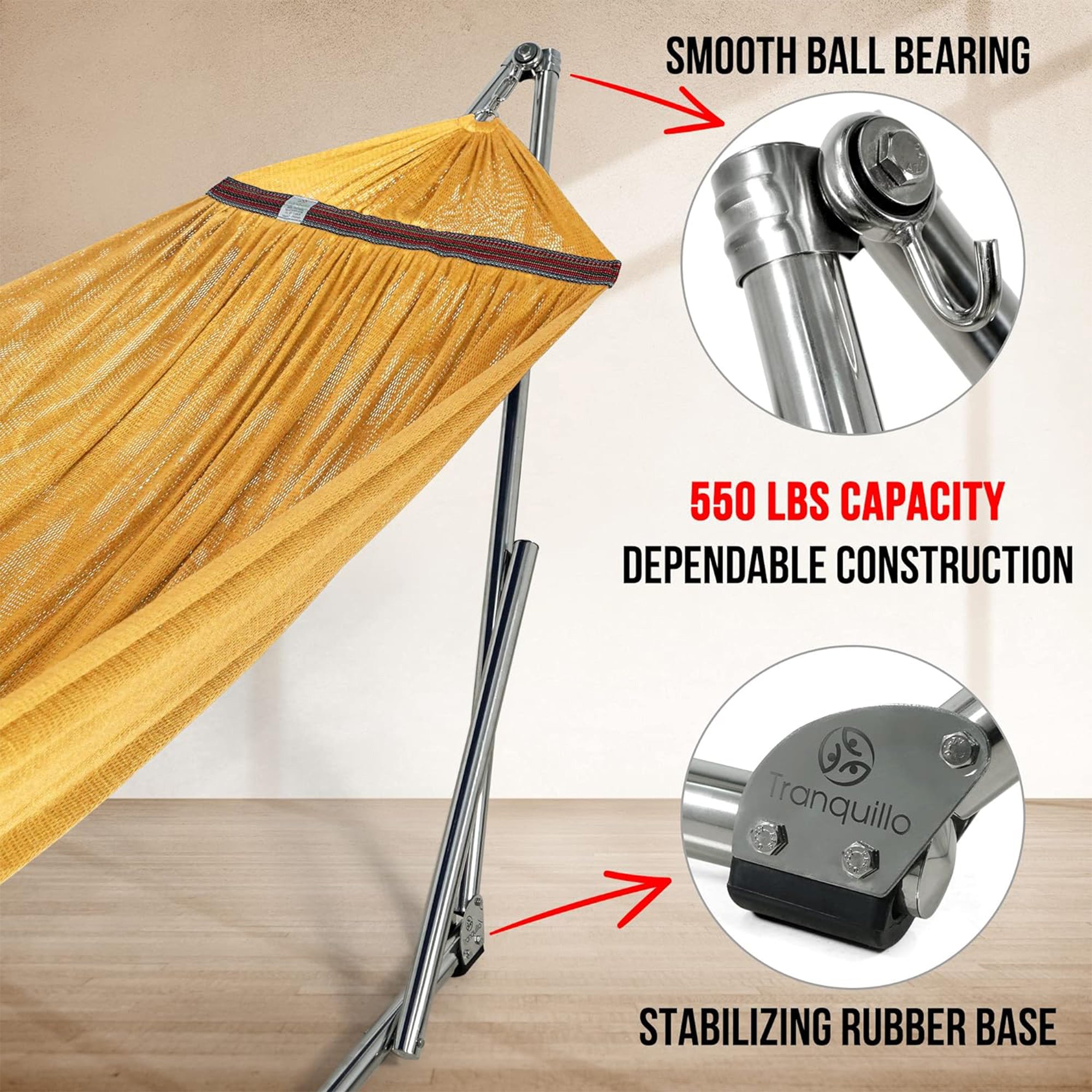 Tranquillo 106" Double Hammock with Adjustable Stand and Bag, Yellow (Open Box)