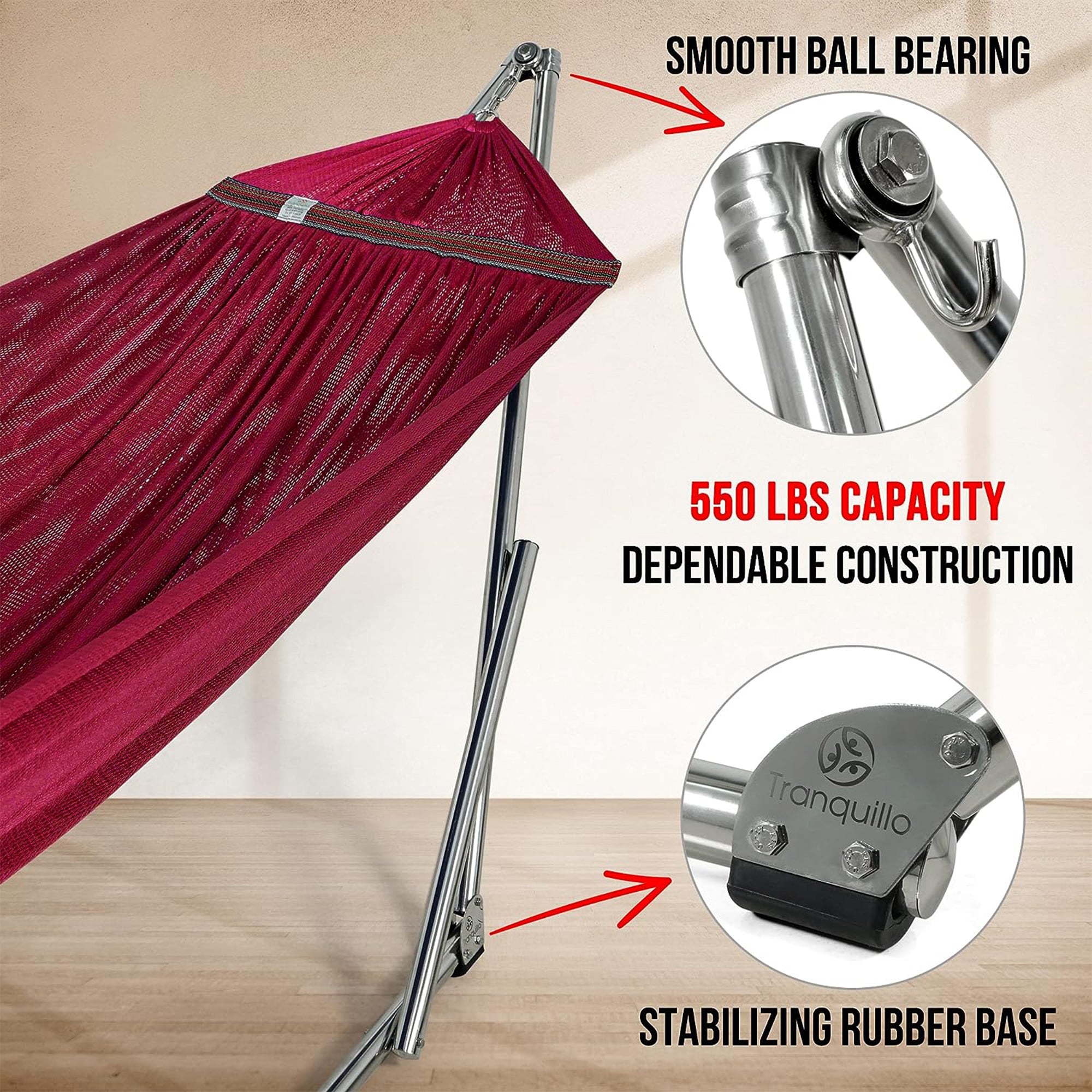 Tranquillo Universal 106" Double Hammock with Adjustable Stand and Bag, Red - VMInnovations