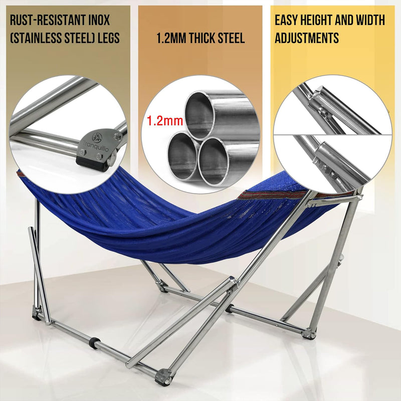 Tranquillo Universal 106" Double Hammock with Adjustable Stand and Bag, Blue
