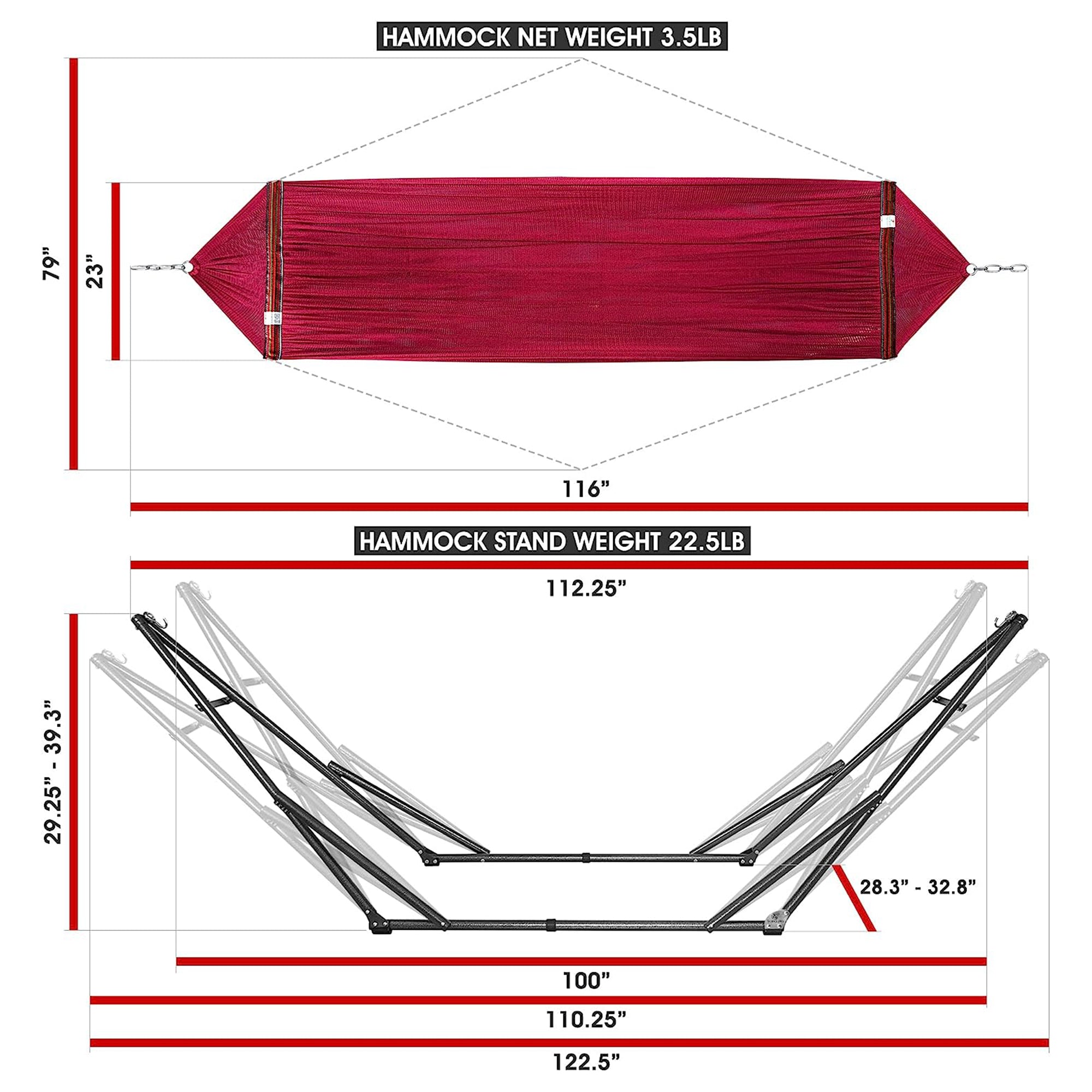 Tranquillo Universal 116" Double Hammock w/Adjustable Stand & Bag, Red(Open Box) - VMInnovations