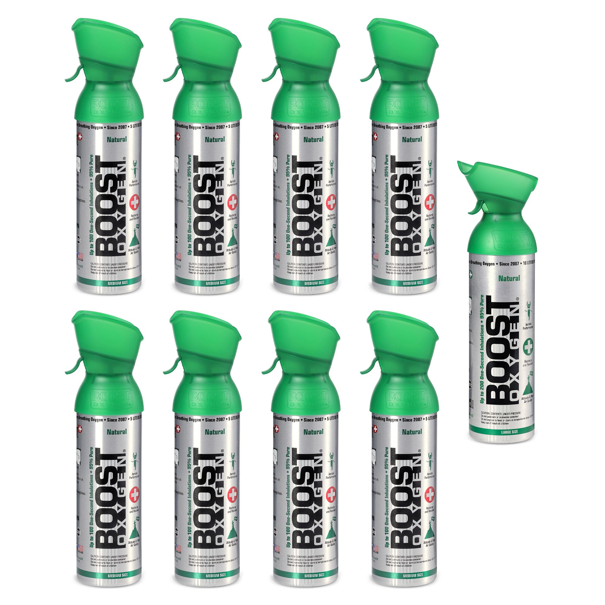 Boost Oxygen Set of 8 5 Liter with 10 Liter Canned Supplemental Oxygen Bottle