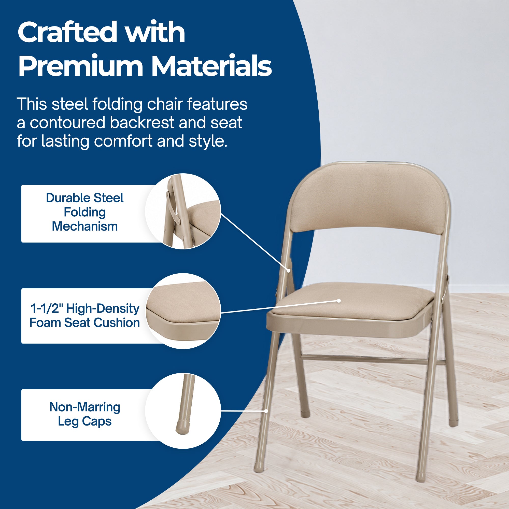 MECO Sudden Comfort Deluxe Sand Fabric Padded Folding Chair, Buff (Set of 4) - VMInnovations