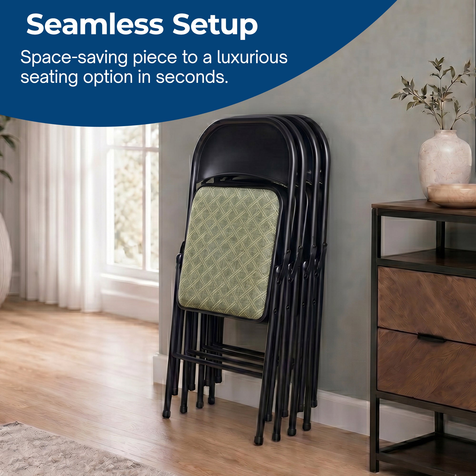 MECO Sudden Comfort Deluxe Zuni Fabric Padded Folding Chair, Black (Set of 4) - VMInnovations