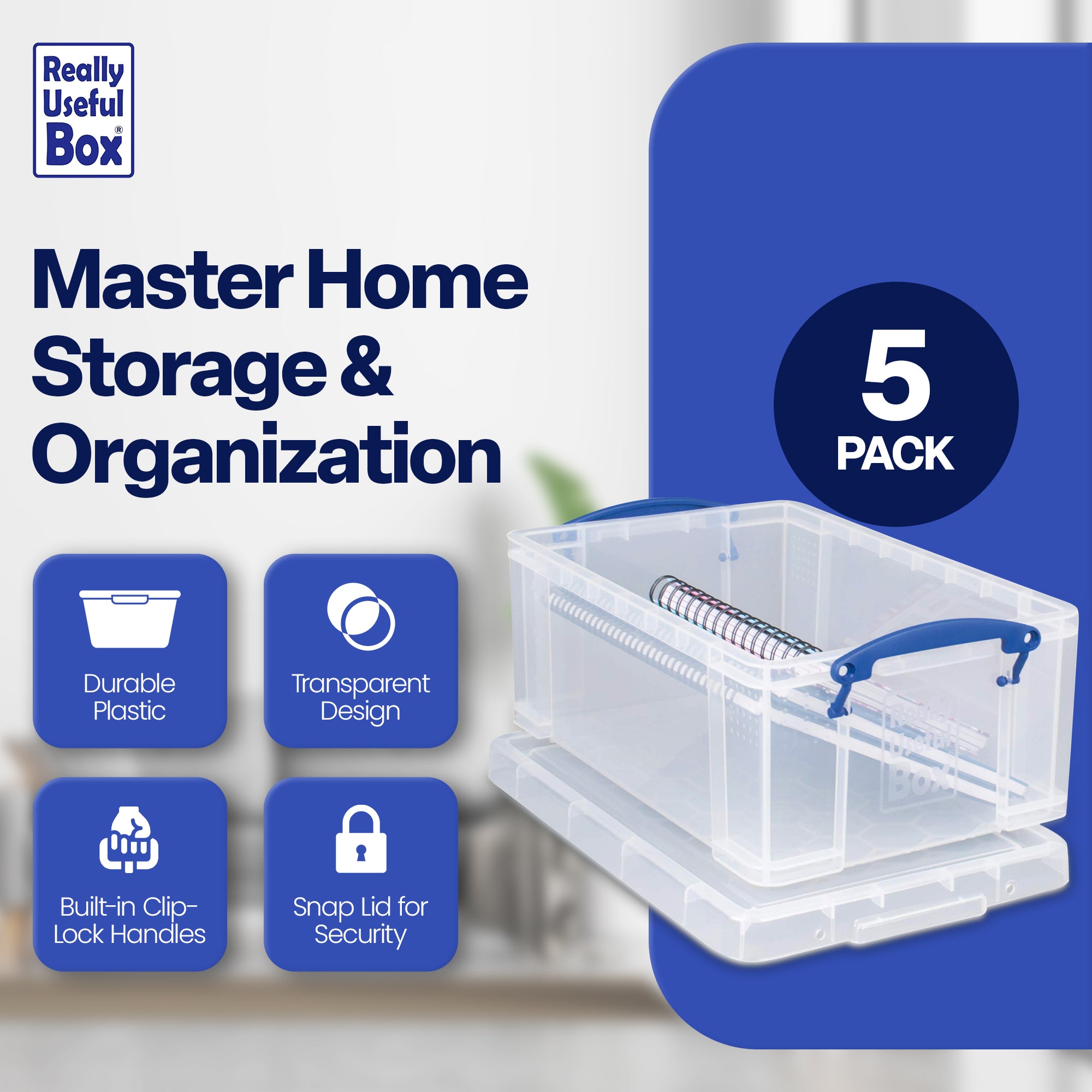 Really Useful Box 9L Storage Container with Snap Lid & Clip Lock Handle (5 Pack) - VMInnovations