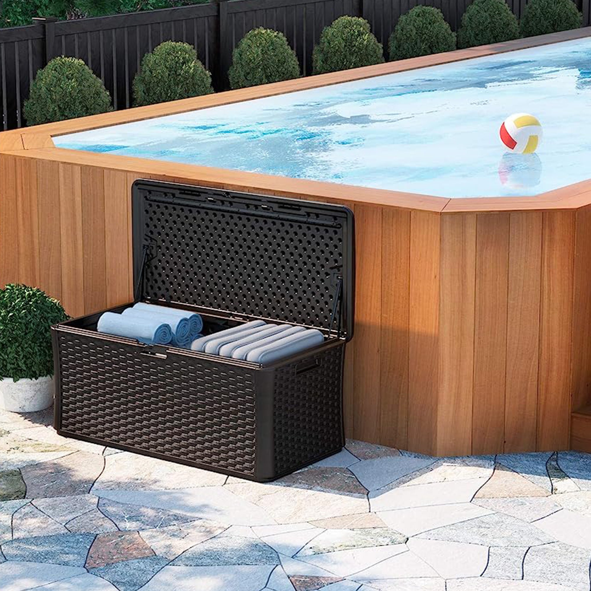 Suncast 134 Gallon All-Weather UV-Resistant Outdoor Patio Storage Deck Box, Java - VMInnovations