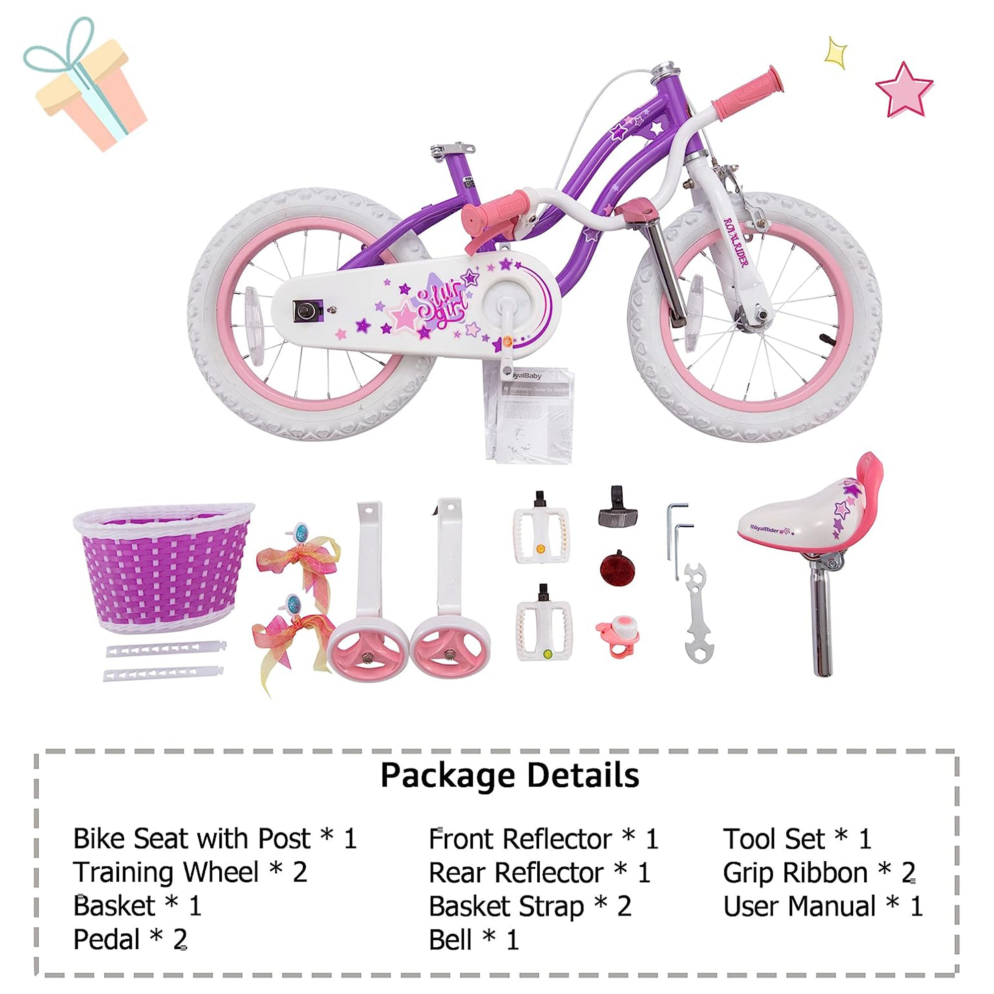 RoyalBaby Stargirl 16" Kids Bicycle with Kickstand and Training Wheels, Purple - VMInnovations
