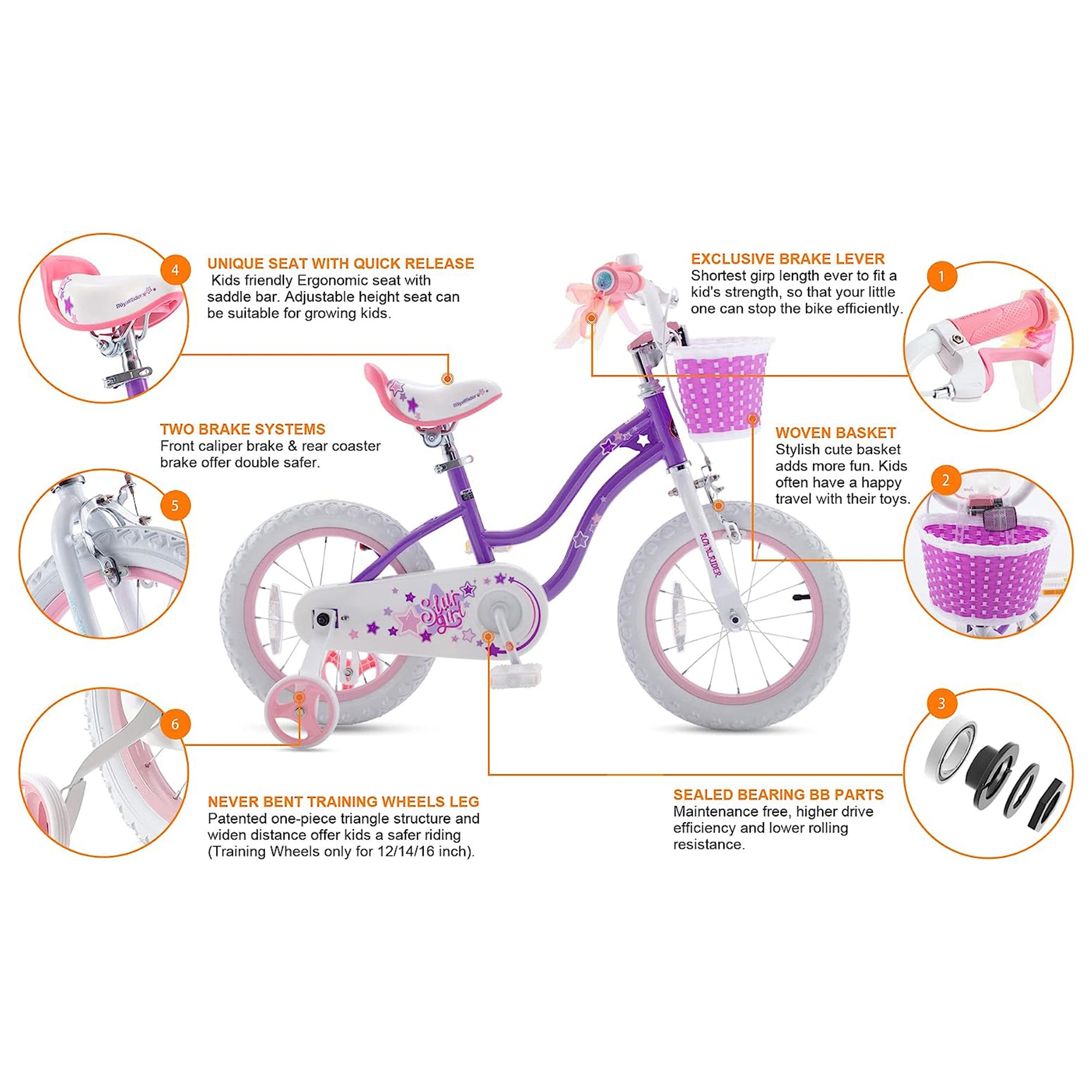 RoyalBaby Stargirl 16" Kids Bicycle with Kickstand and Training Wheels, Purple - VMInnovations