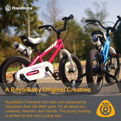 RoyalBaby Freestyle 5 Kids 12" Bike w/Training Wheels & Water Bottle, Fuchsia
