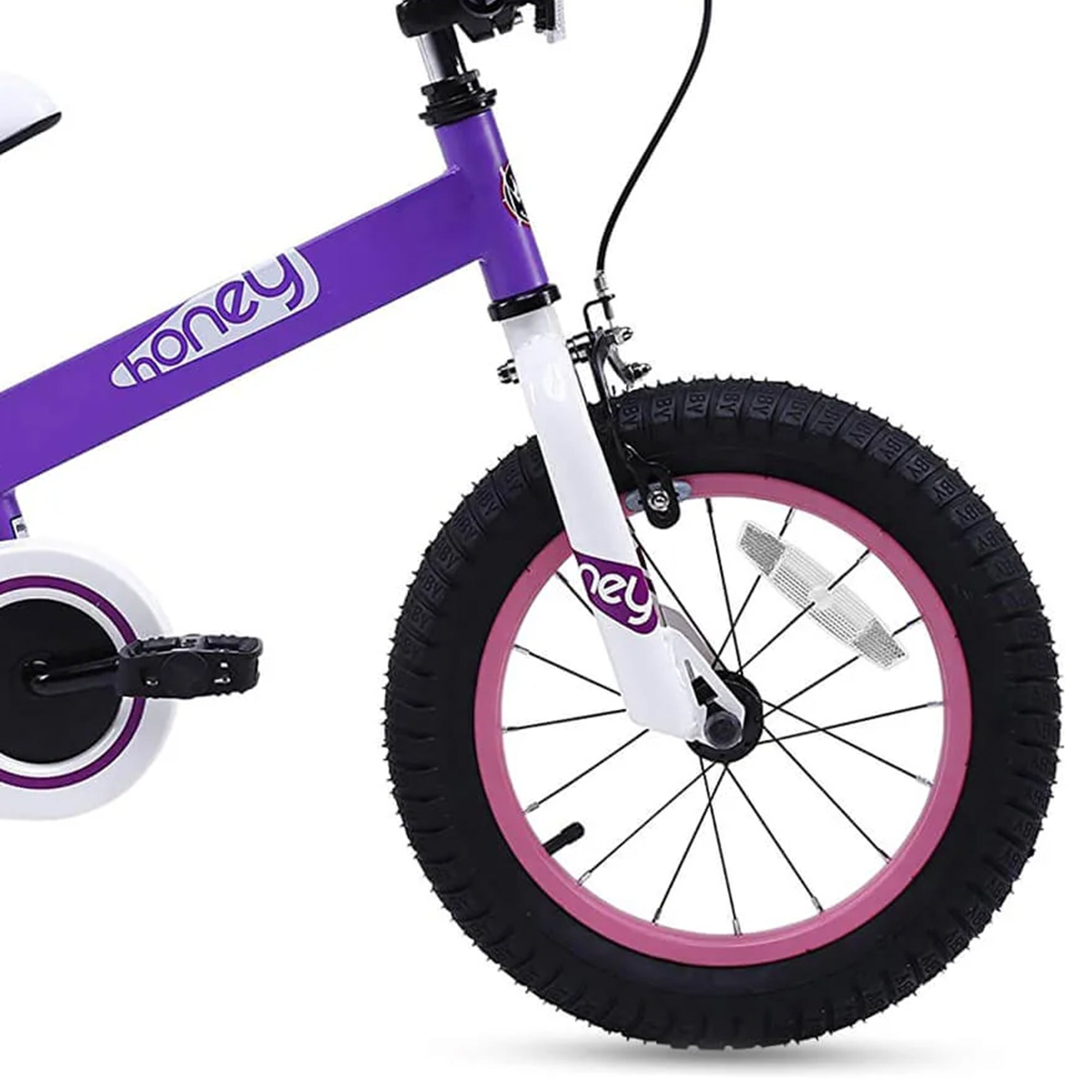 RoyalBaby Cubetube Honey 14 Inch Bike w/Training Wheels & 2 Brakes, Purple(Used) - VMInnovations