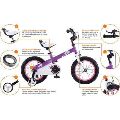 RoyalBaby Cubetube Honey 12 Inch Kids Bike w/Training Wheels & 2 Brakes, Purple