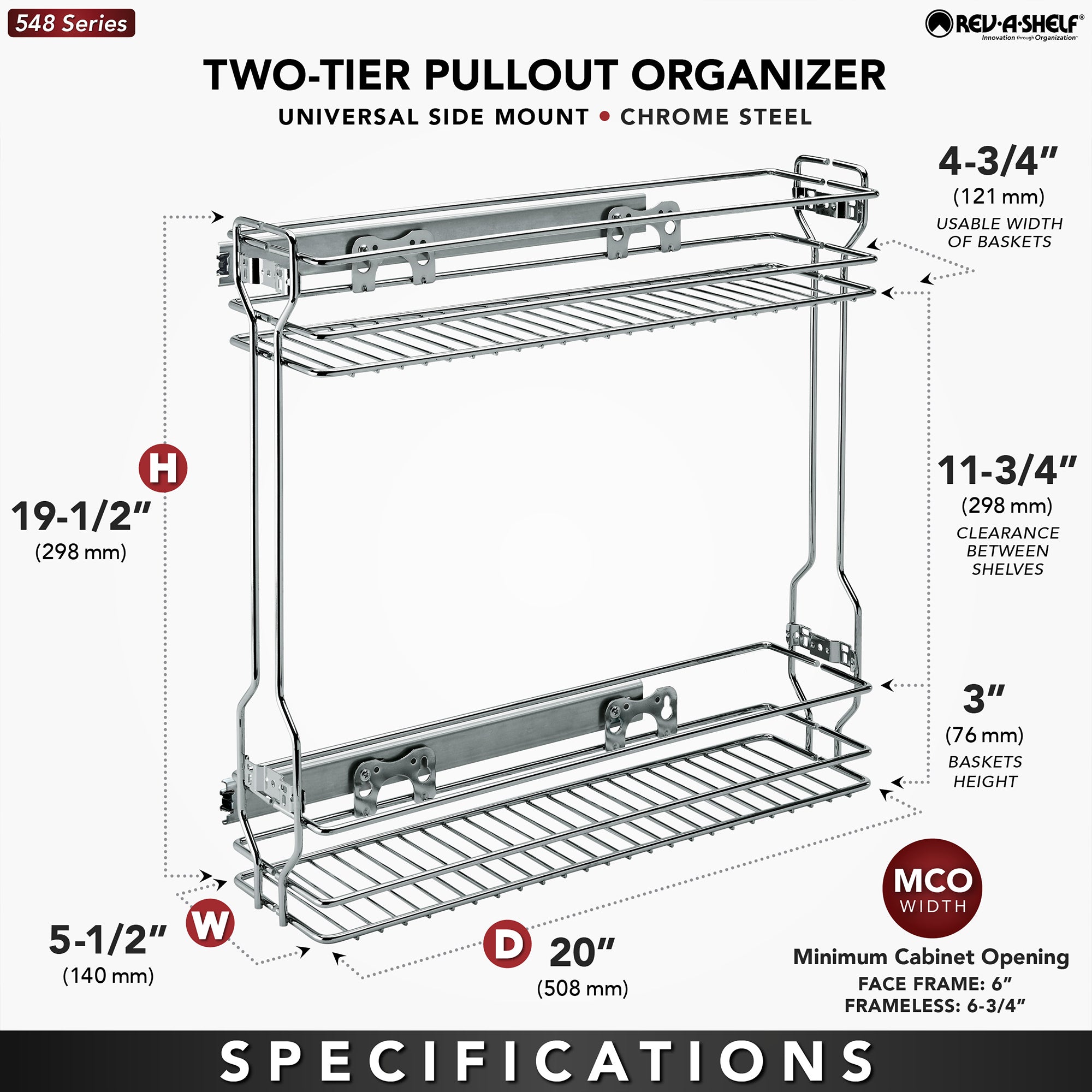 Rev-A-Shelf 18" Pullout Side Mount Two-Tier Kitchen Cabinet Organizer, 548-06CR-1 - VMInnovations