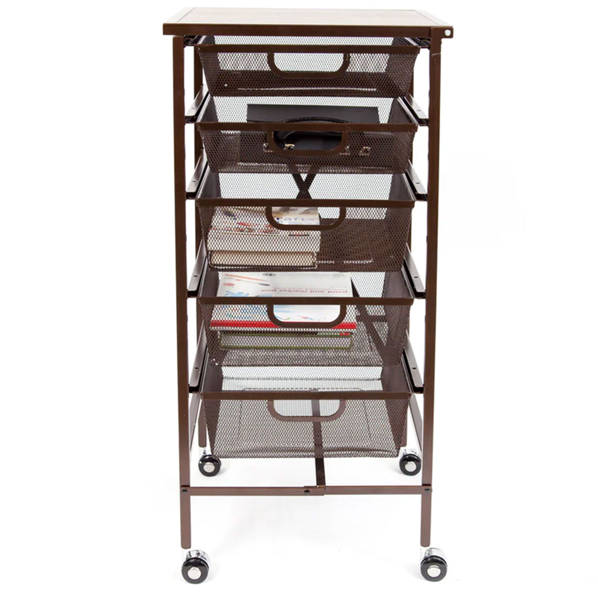 Origami Wheeled Folding Steel 5 Drawer Storage Kitchen Cart Wood Top, Bronze - VMInnovations