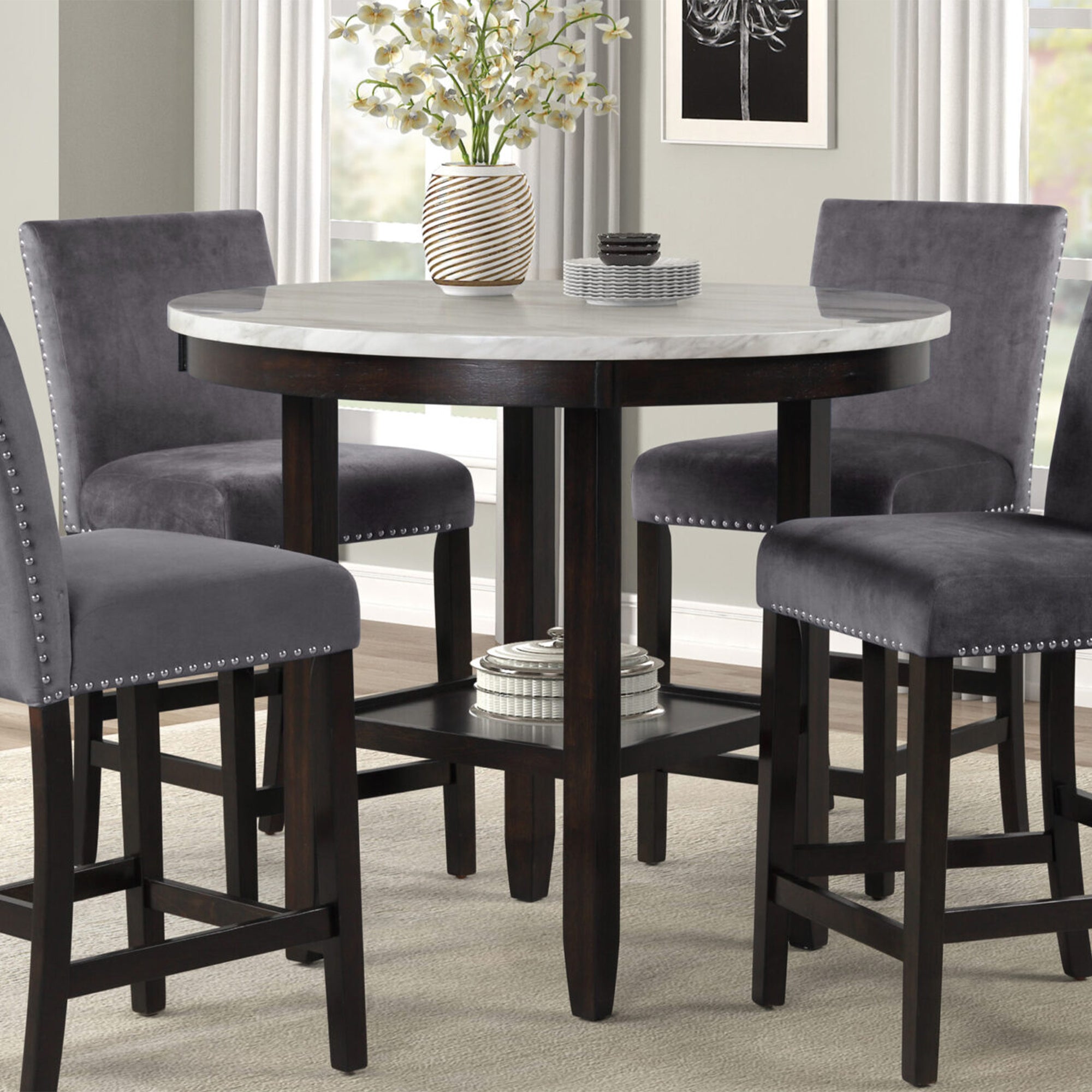 New Classic Furniture Celeste 42" Faux Marble Round Table, & 4 Chair Set, Gray - VMInnovations