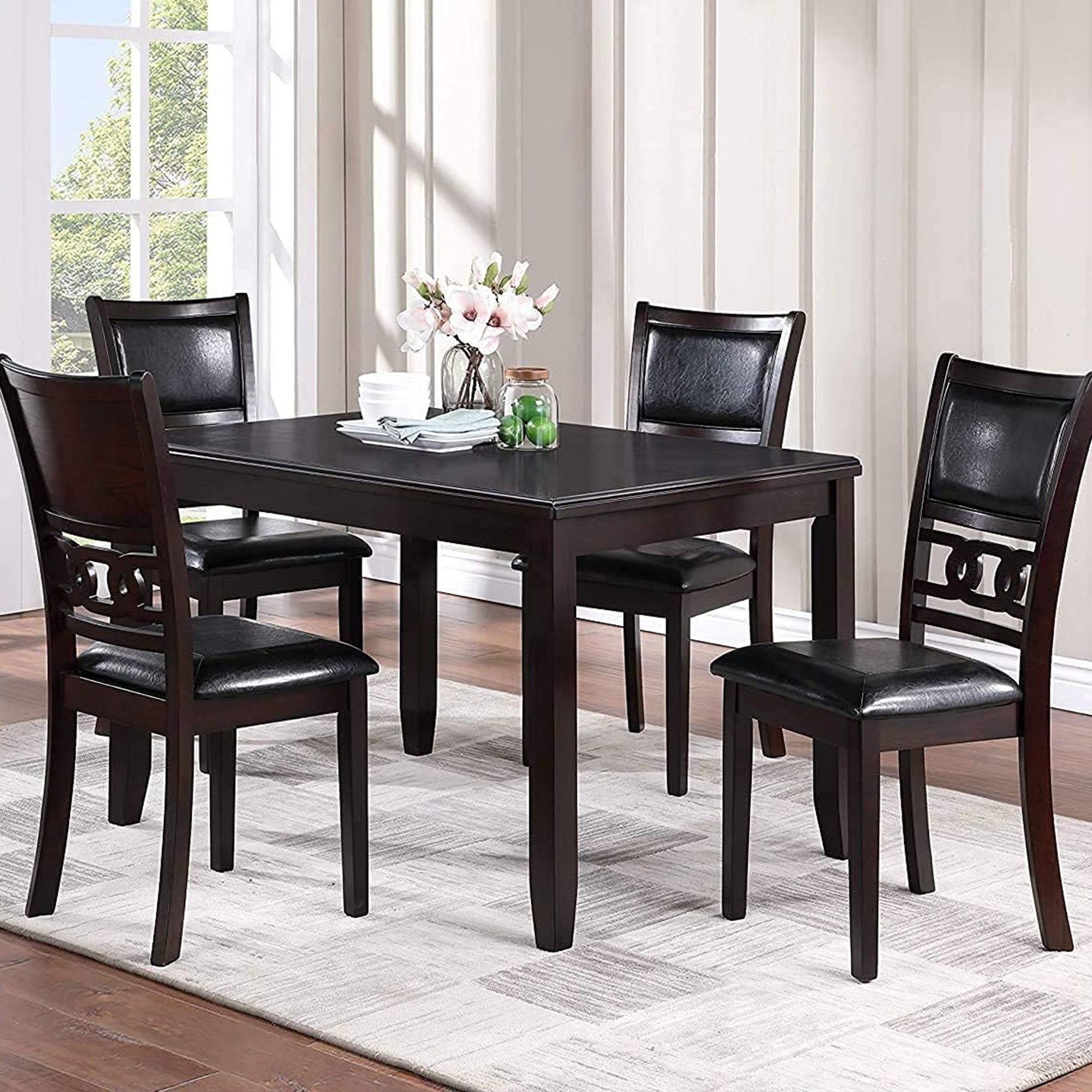 New Classic Furniture Gia Dining Collection with 48" Table and 4 Chairs, Ebony - VMInnovations