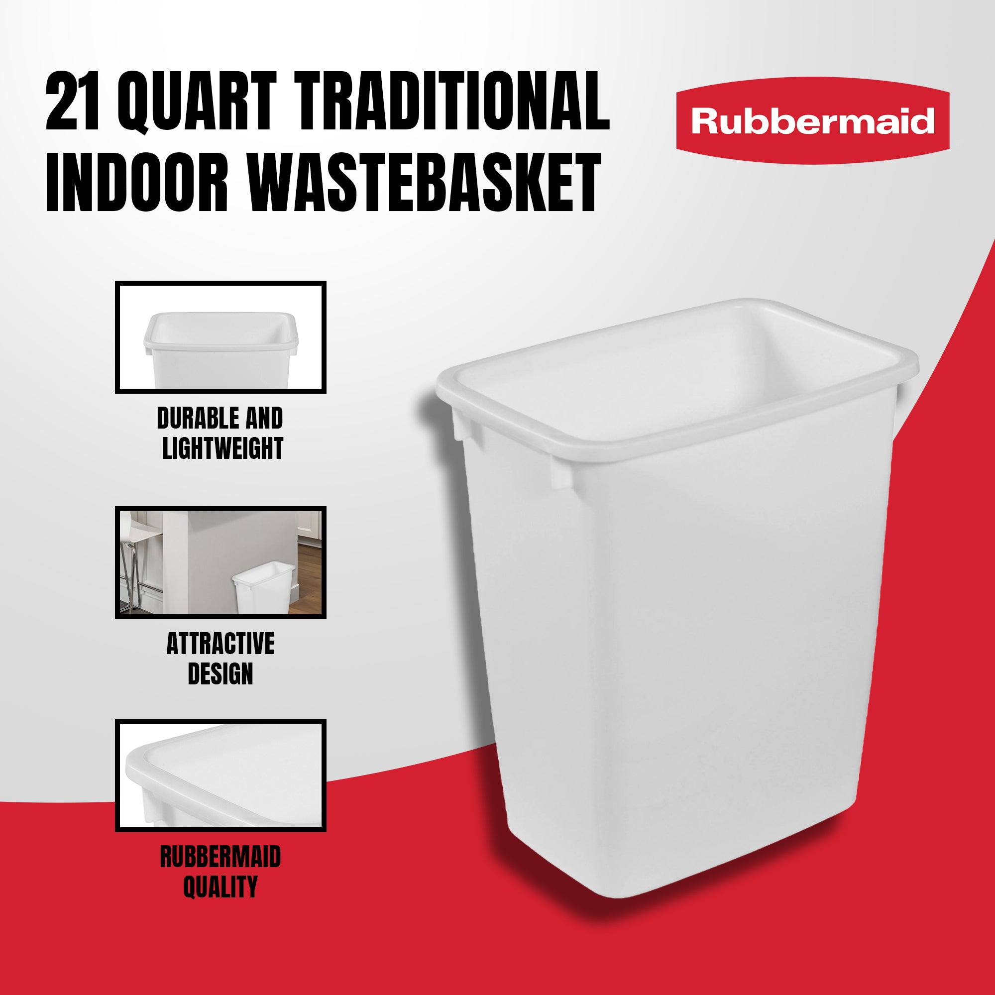 Rubbermaid 21 Qt Traditional Wastebasket Indoor Home Trash Can Container, 2 Pack