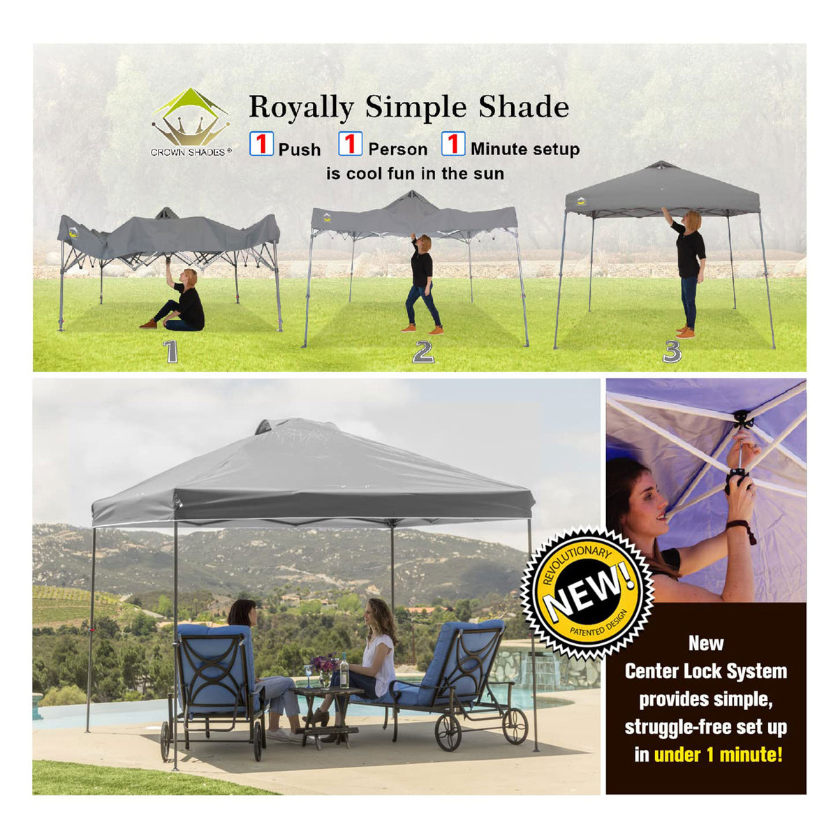 Crown Shades 10’ x 10’ Instant Pop Up Folding Shade Canopy with Carry Bag, Grey - VMInnovations