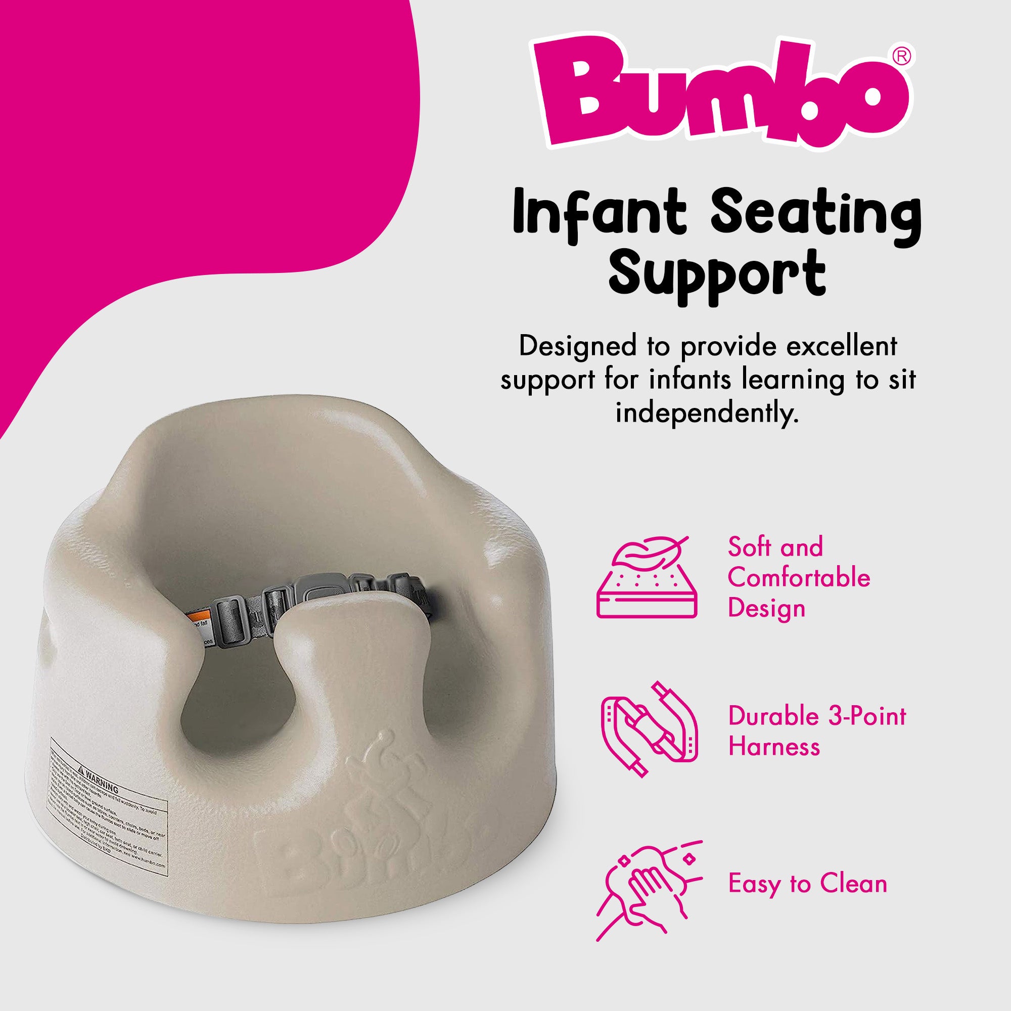 Bumbo Infant Floor Seat Baby Sit Up Chair with Adjustable Safety Harness, Taupe - VMInnovations