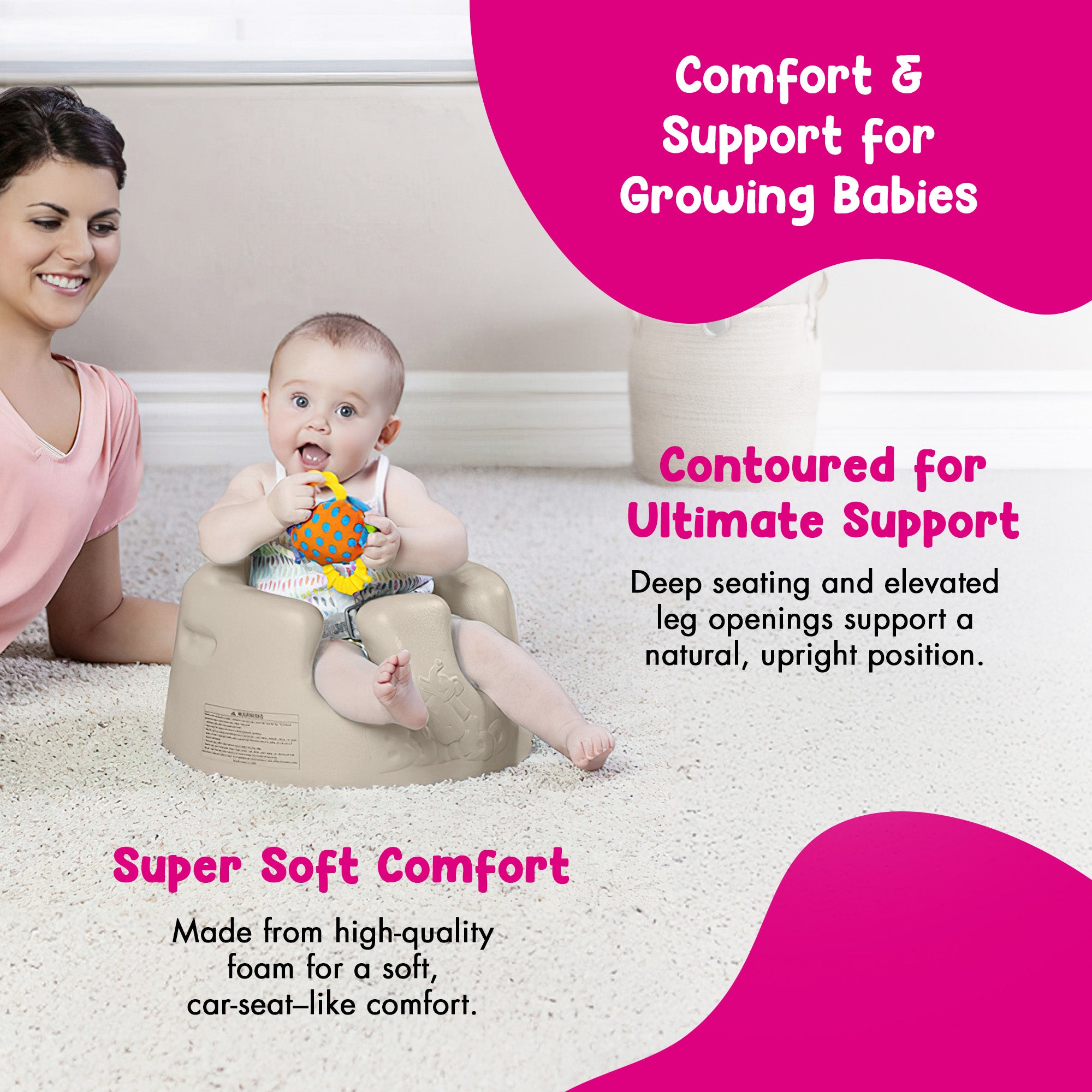 Bumbo Infant Floor Seat Baby Sit Up Chair with Adjustable Safety Harness, Taupe - VMInnovations