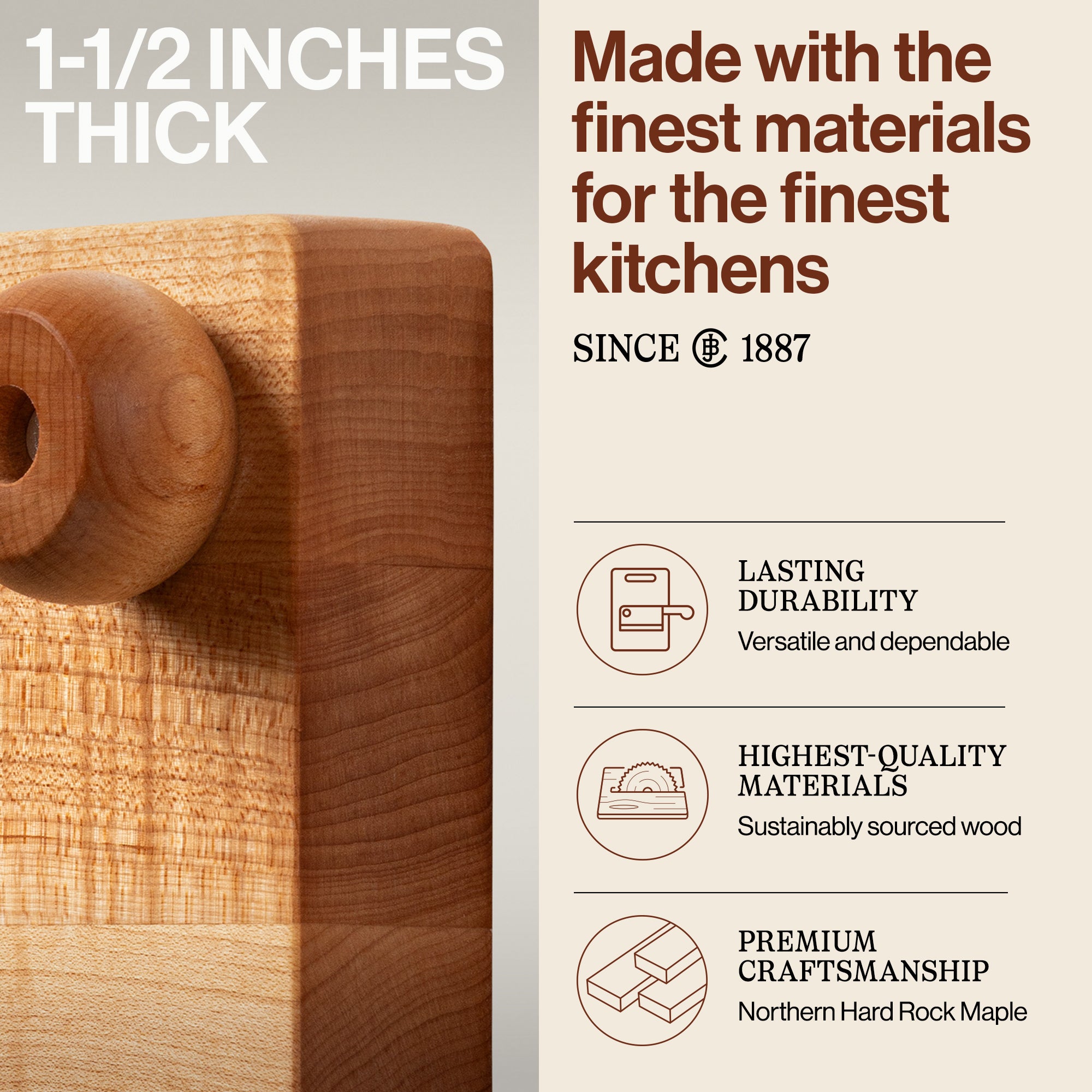 John Boos Maple Wood Edge Grain Cutting Board for Kitchen, 9"x9"x1.5" (Open Box) - VMInnovations