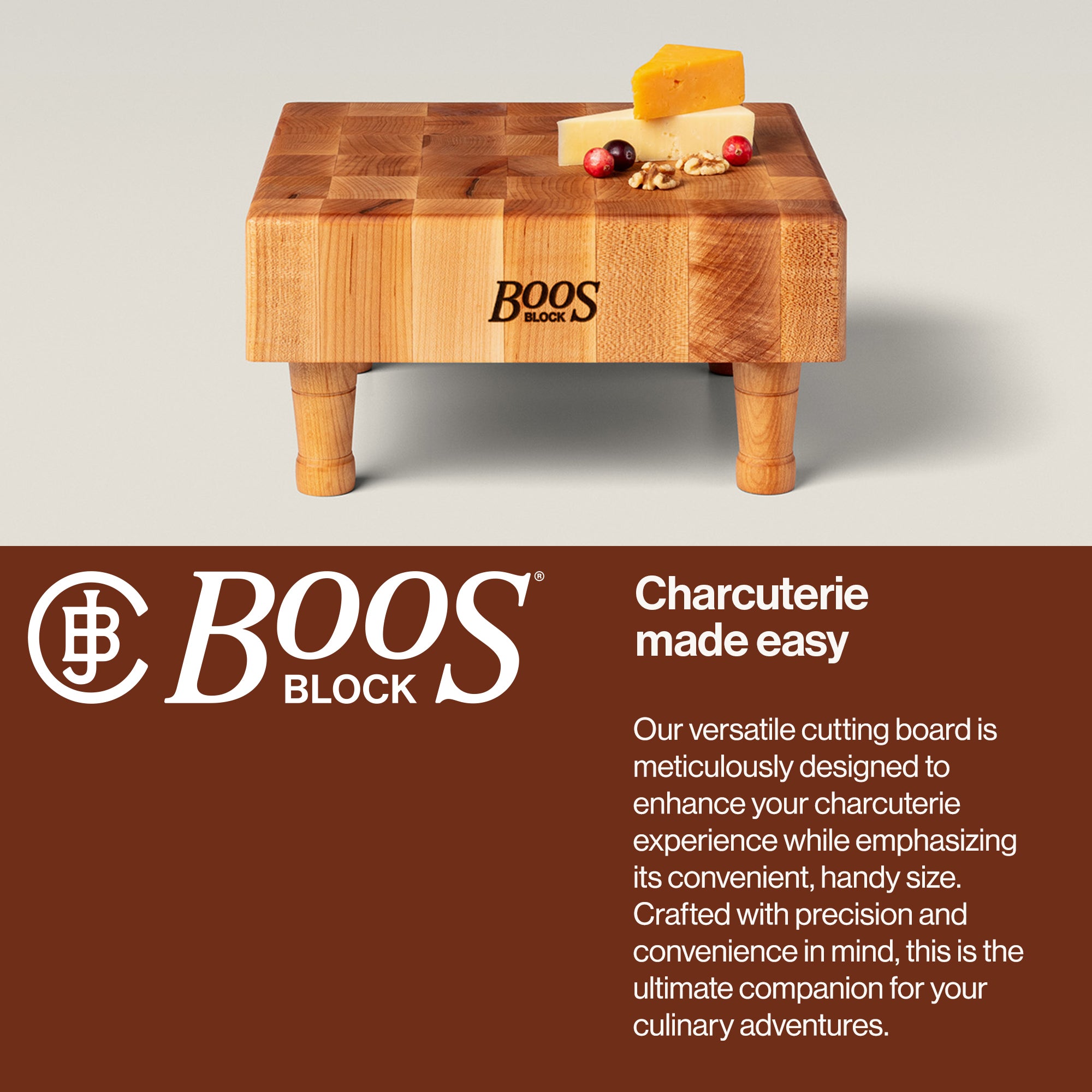 John Boos MC Series Square Wood Cutting Board with Feet, 12" x 12", Maple - VMInnovations