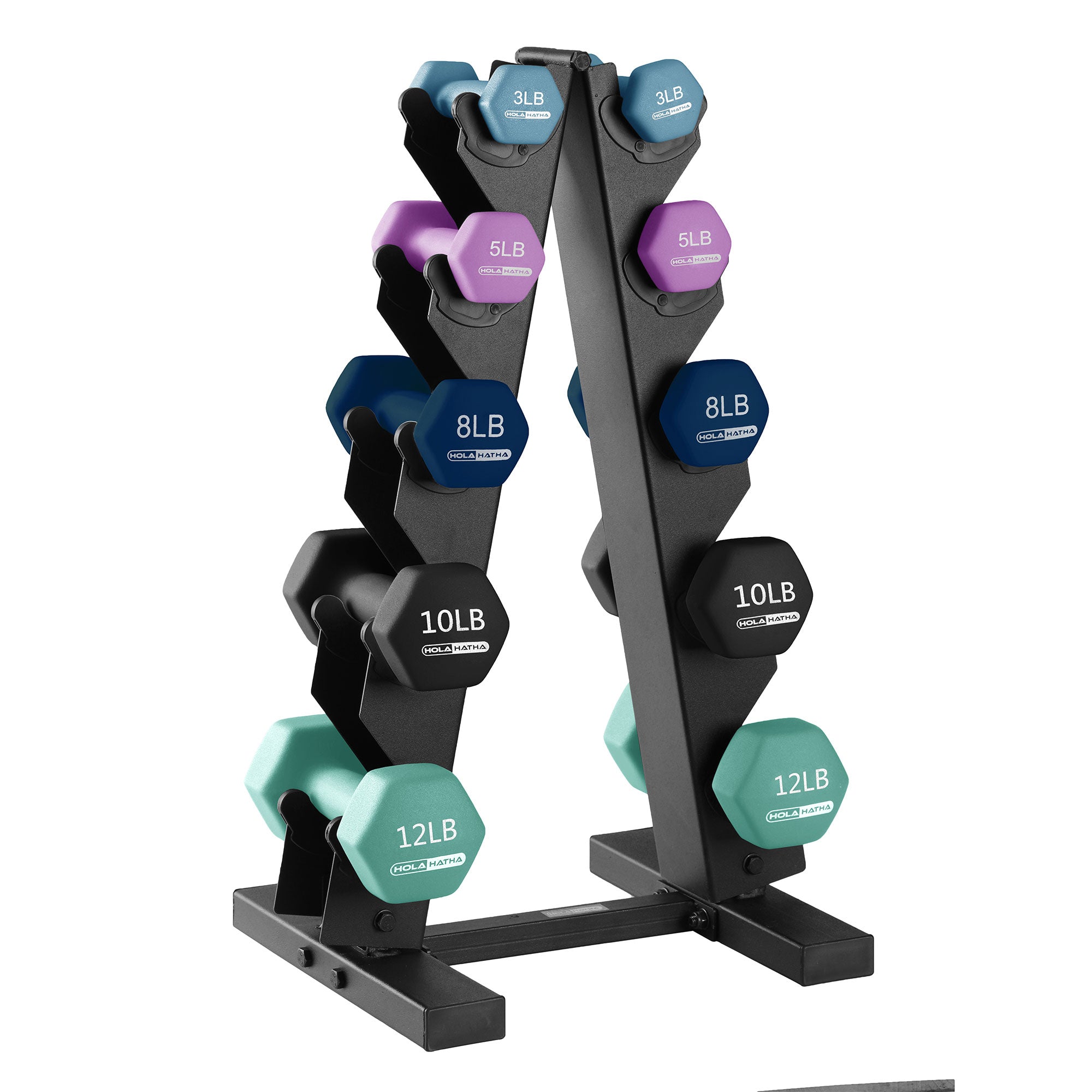 HolaHatha 3, 5, 8, 10 & 12lbs Neoprene Dumbbell Weight Set w/Storage Rack (Used) - VMInnovations