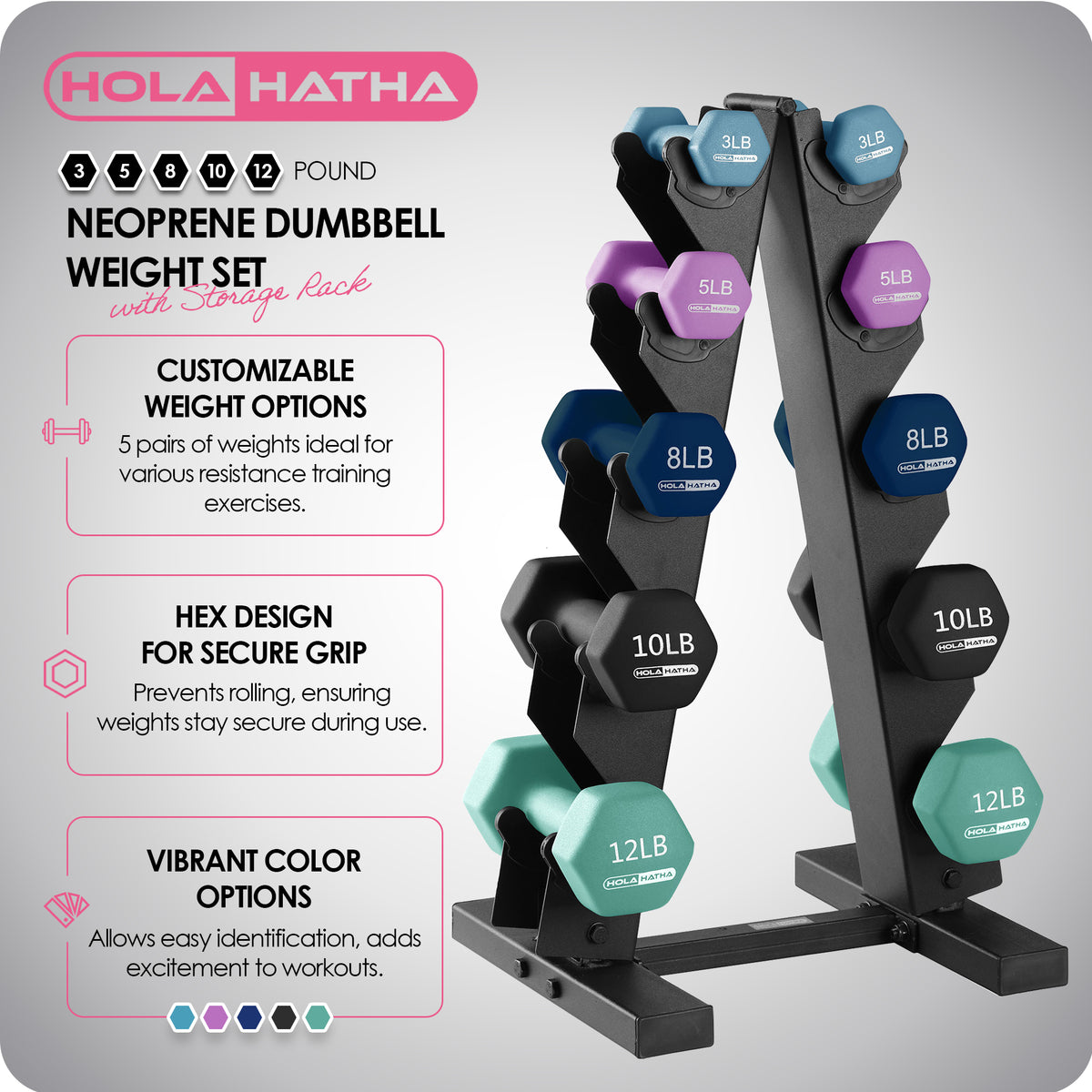 HolaHatha 3, 5, 8, 10 & 12Lb Neoprene Dumbbell Set w/Storage Rack (Open Box) - VMInnovations