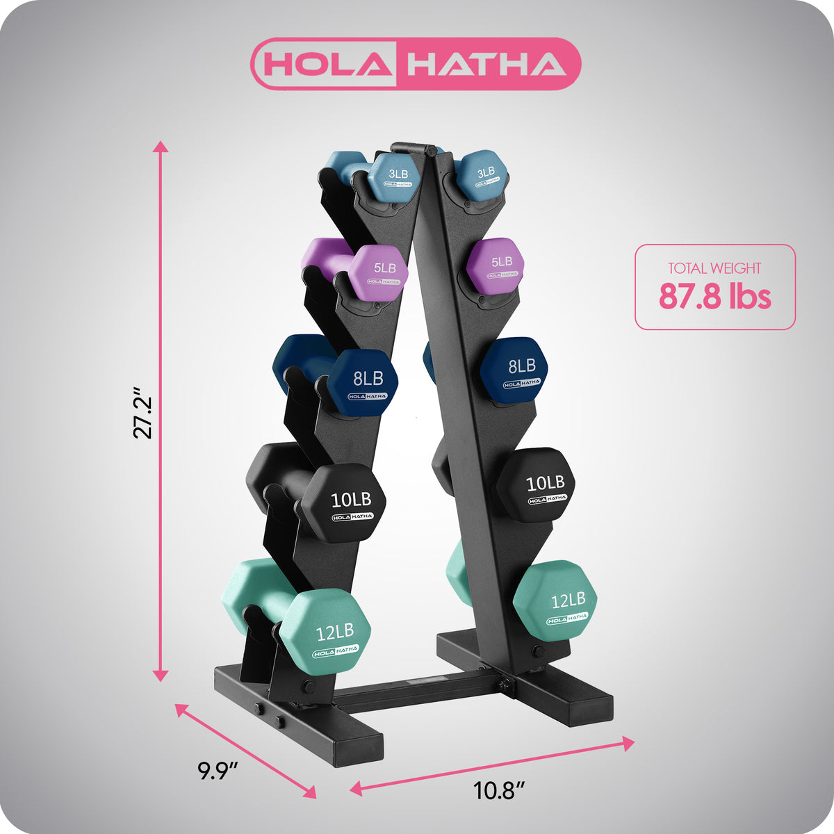 HolaHatha 3, 5, 8, 10 & 12Lb Neoprene Dumbbell Set w/Storage Rack (Open Box) - VMInnovations