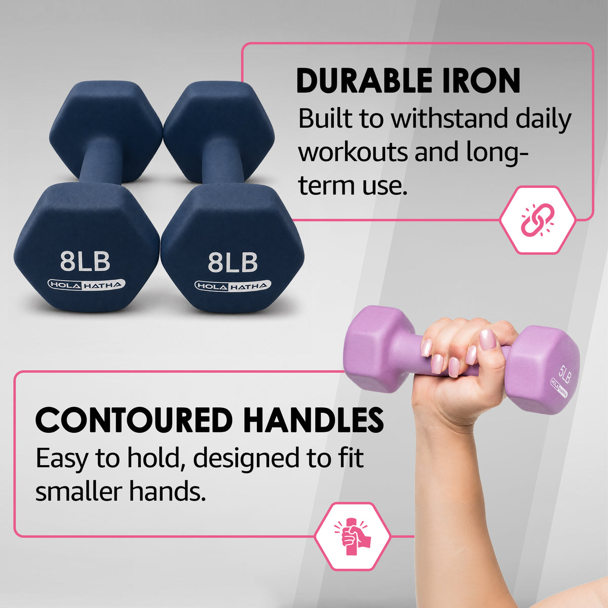 HolaHatha 3, 5, 8, 10 & 12lbs Neoprene Dumbbell Weight Set w/Storage Rack (Used)