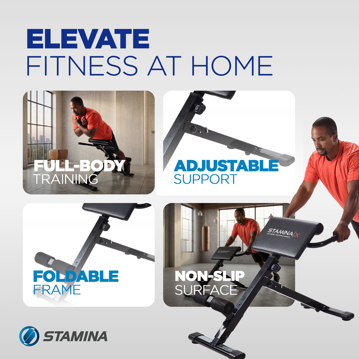 Stamina X Adjustable Ab Back Core Strength Hyperextension Bench (Open Box) - VMInnovations