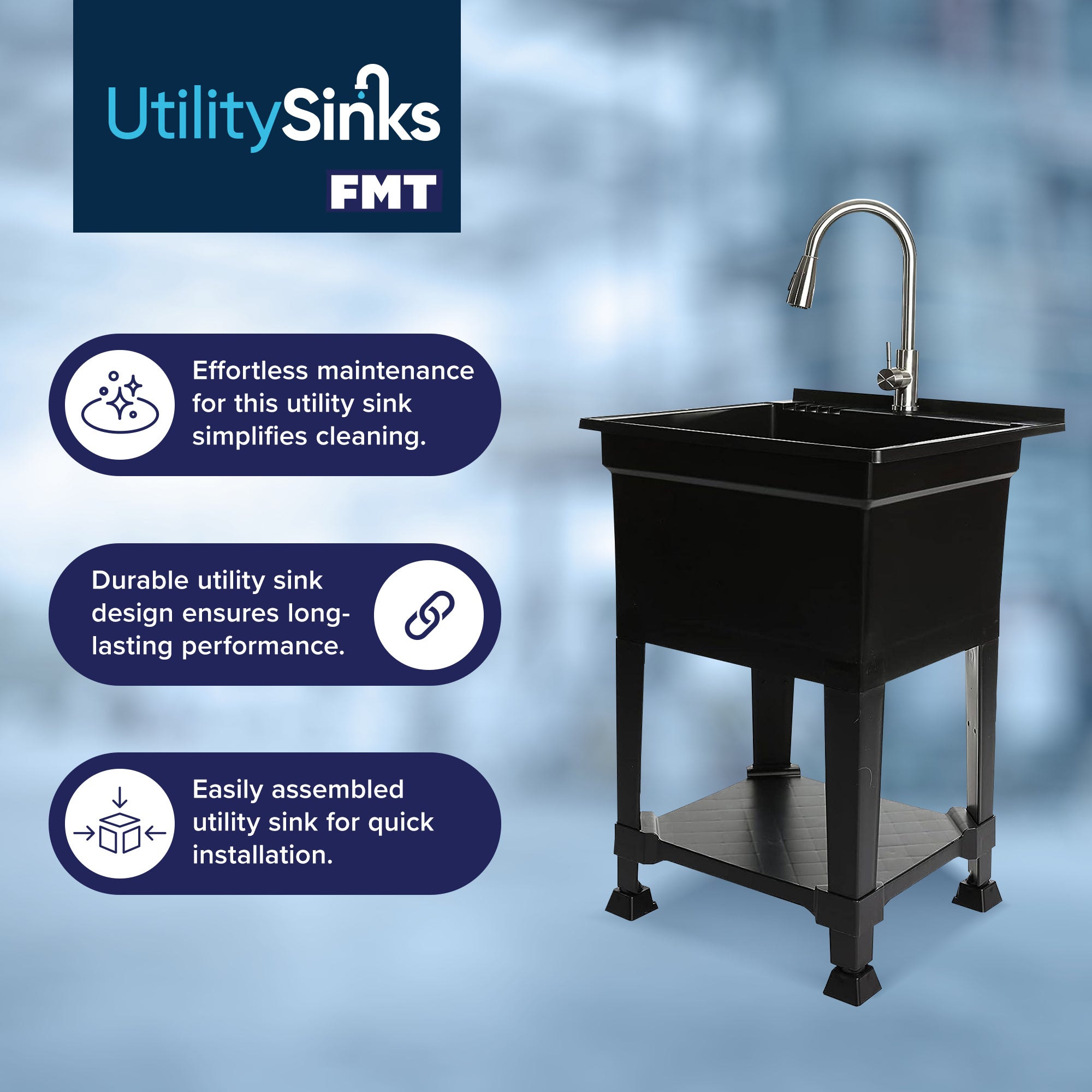 UTILITYSINKS Plastic 24" Freestanding Workshop Utility Sink, Black (Damaged)