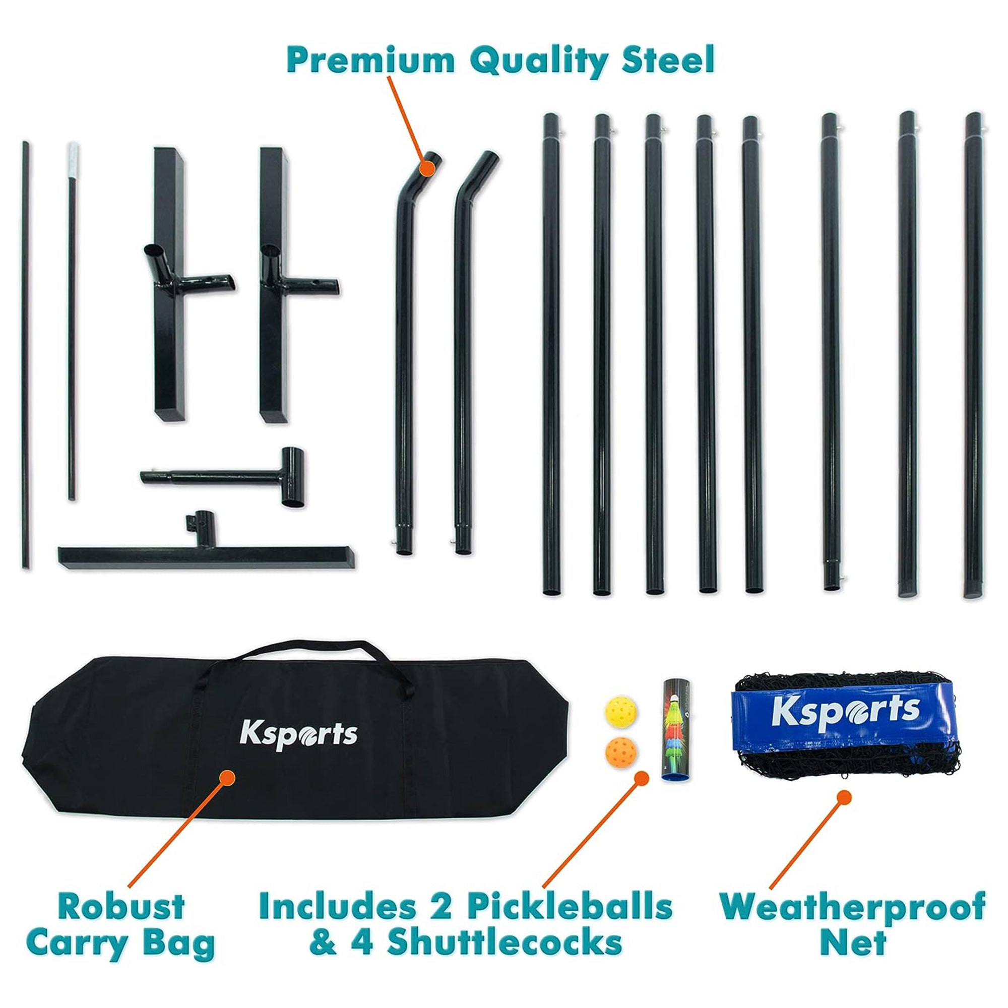 Ksports 22' Pickleball Net w/LED Shuttlecock, Bag & 2 Balls, Blue (For Parts) - VMInnovations