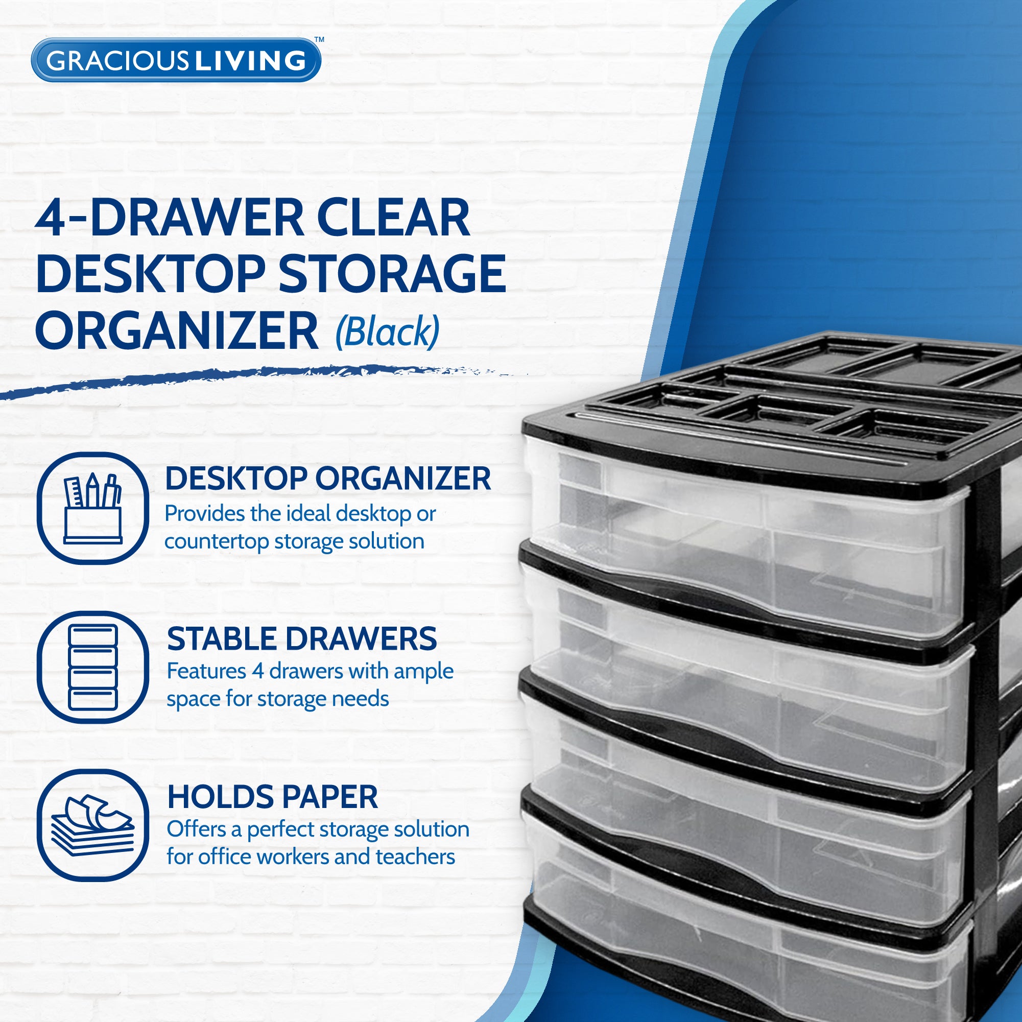 Gracious Living 4 Drawer Desktop Office Storage Unit w/Organizer Lid,Black(Used)