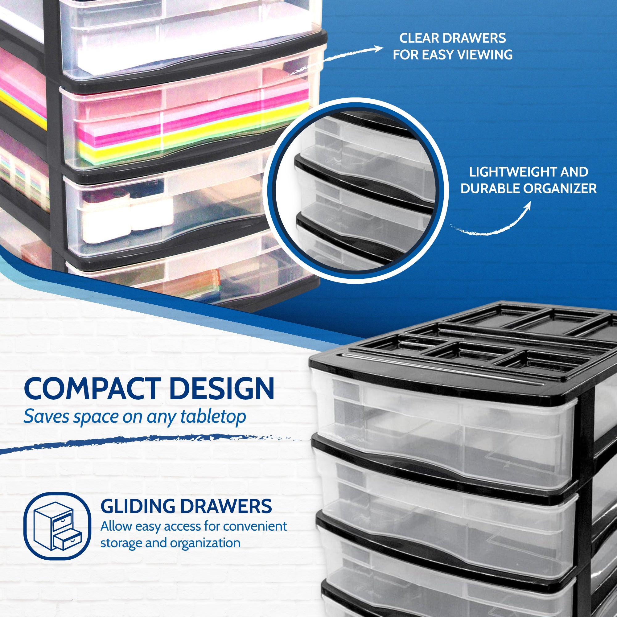 Gracious Living 4 Drawer Desktop Countertop Storage with Organizer Lid, Black