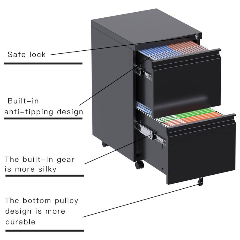 AOBABO 2 Drawer Mobile Metal Organizer Filing Cabinet, Fully Assembled, Black