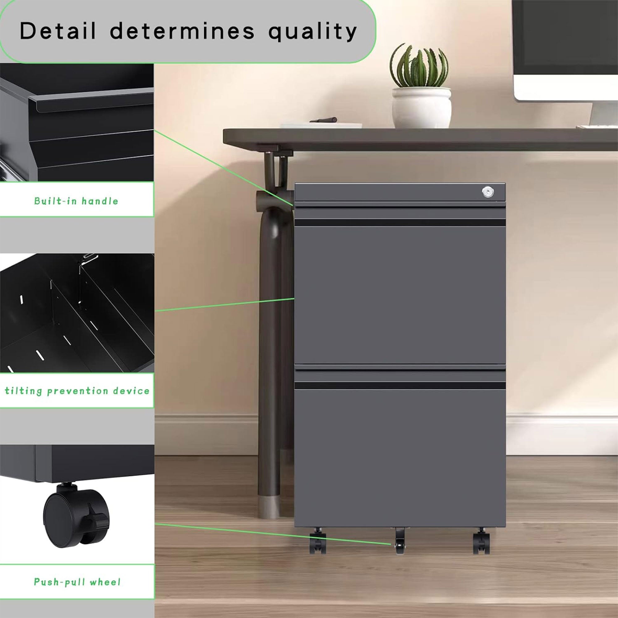 AOBABO 2 Drawer Mobile Metal Organizer Filing Cabinet, Fully Assembled, Black - VMInnovations