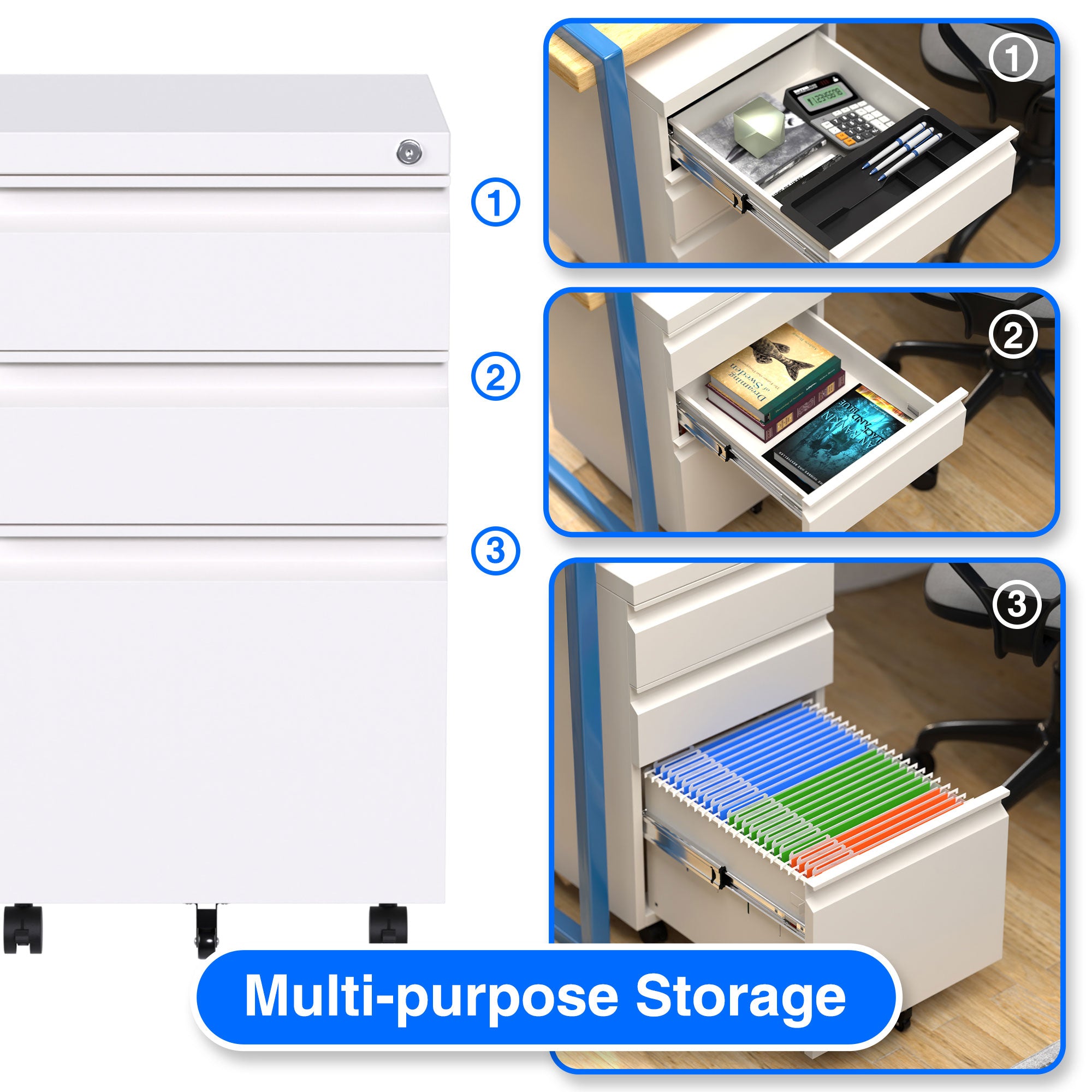 AOBABO 3 Drawer Mobile Metal Organizer Filing Cabinet, Fully Assembled, White - VMInnovations