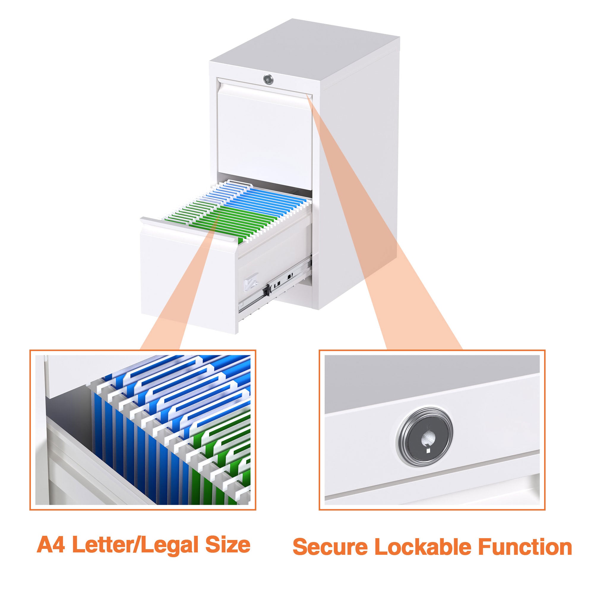 AOBABO 2 Drawer Vertical Metal File Cabinet with Lock for Home and Office, White - VMInnovations