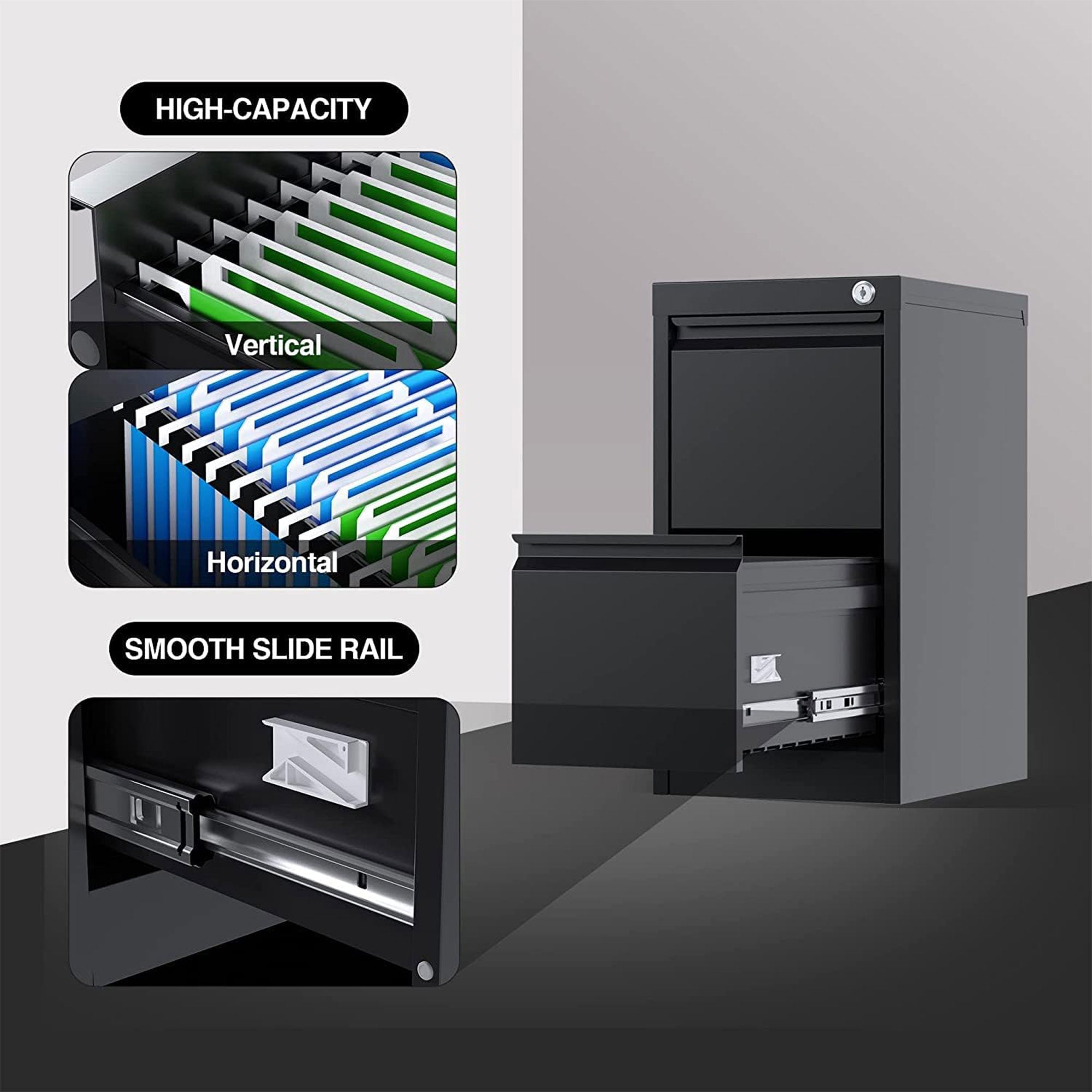 AOBABO 2 Drawer Vertical Metal File Cabinet with Lock, Black (Open Box) - VMInnovations