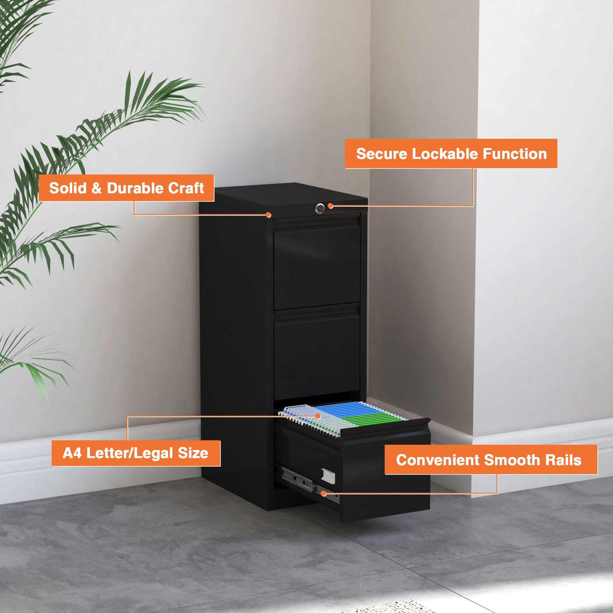 AOBABO 3 Drawer Metal File Cabinet with Lock for Home and Office,Black(Open Box) - VMInnovations