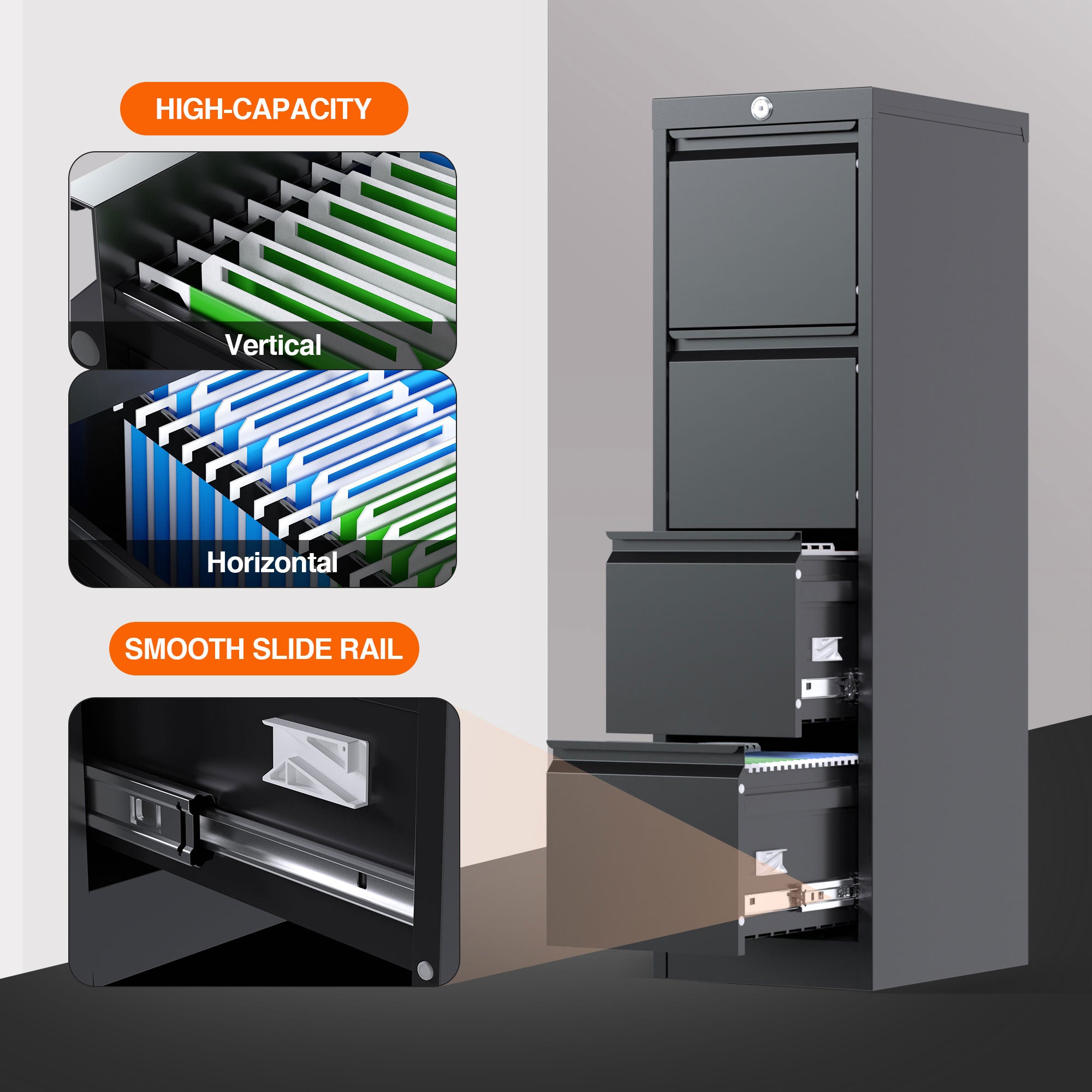 AOBABO 4 Drawer Vertical Metal Cabinet w/Lock for Home & Office, Black(Open Box) - VMInnovations