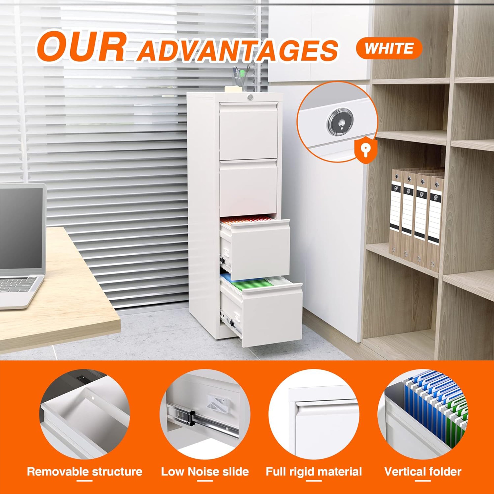 AOBABO 4 Drawer Metal File Cabinet w/Lock for Home & Office, White (Used) - VMInnovations