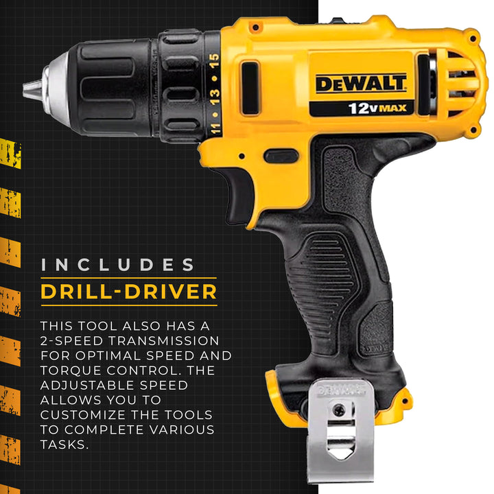 Dewalt 12V MAX Cordless Driver and Drill Hand Tool Set with 45 Drill Bits, Black - VMInnovations