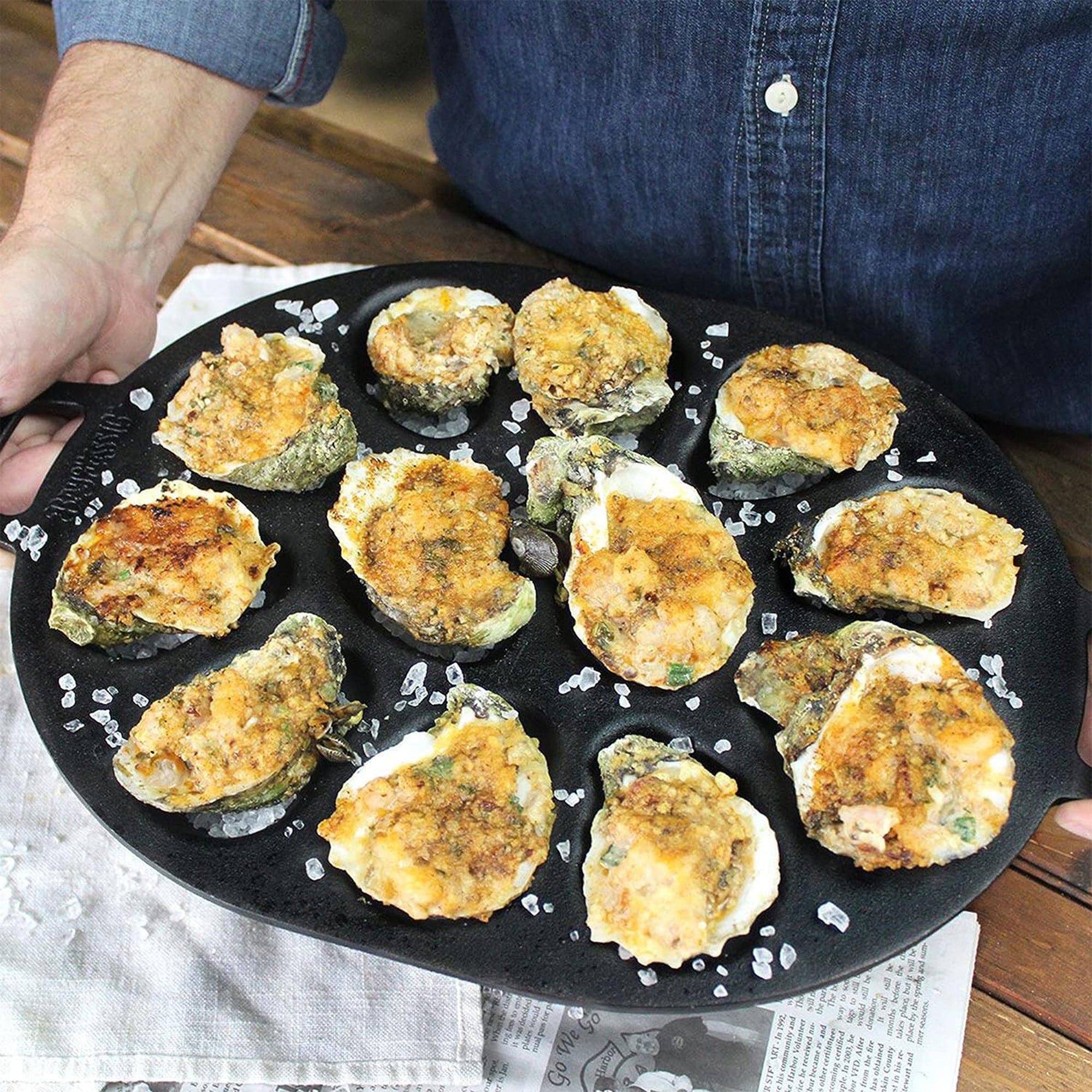 Bayou Cast Iron Shellfish Shaped Oyster Grill Pan for 12 Clams, Black (Open Box) - VMInnovations
