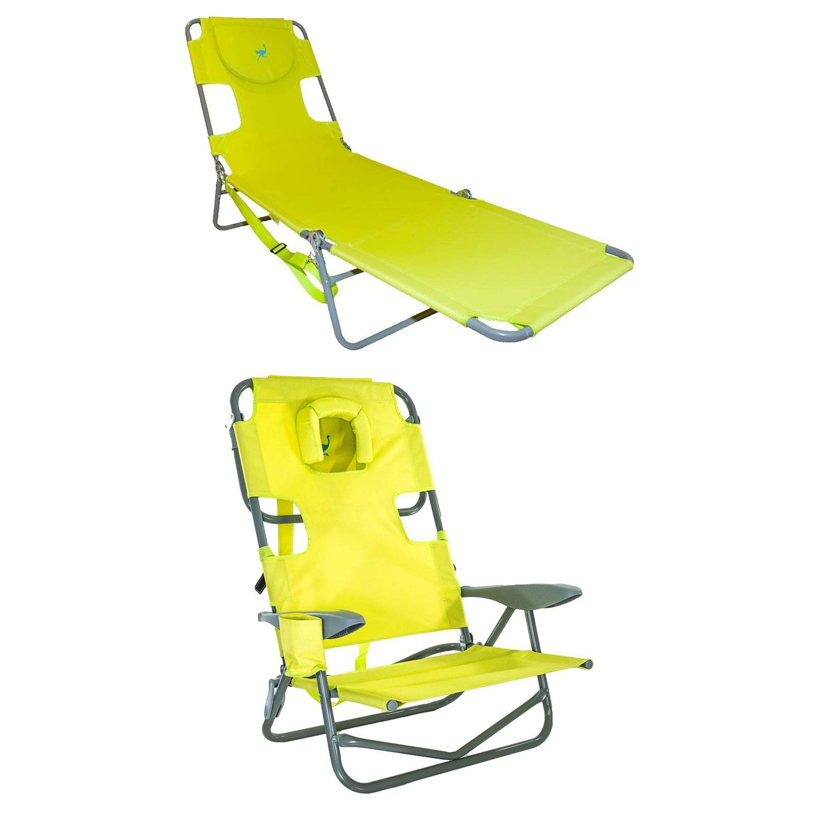 Ostrich On Your Back Reclining Lawn Chair & Chaise Folding Beach Lounger, Green - VMInnovations