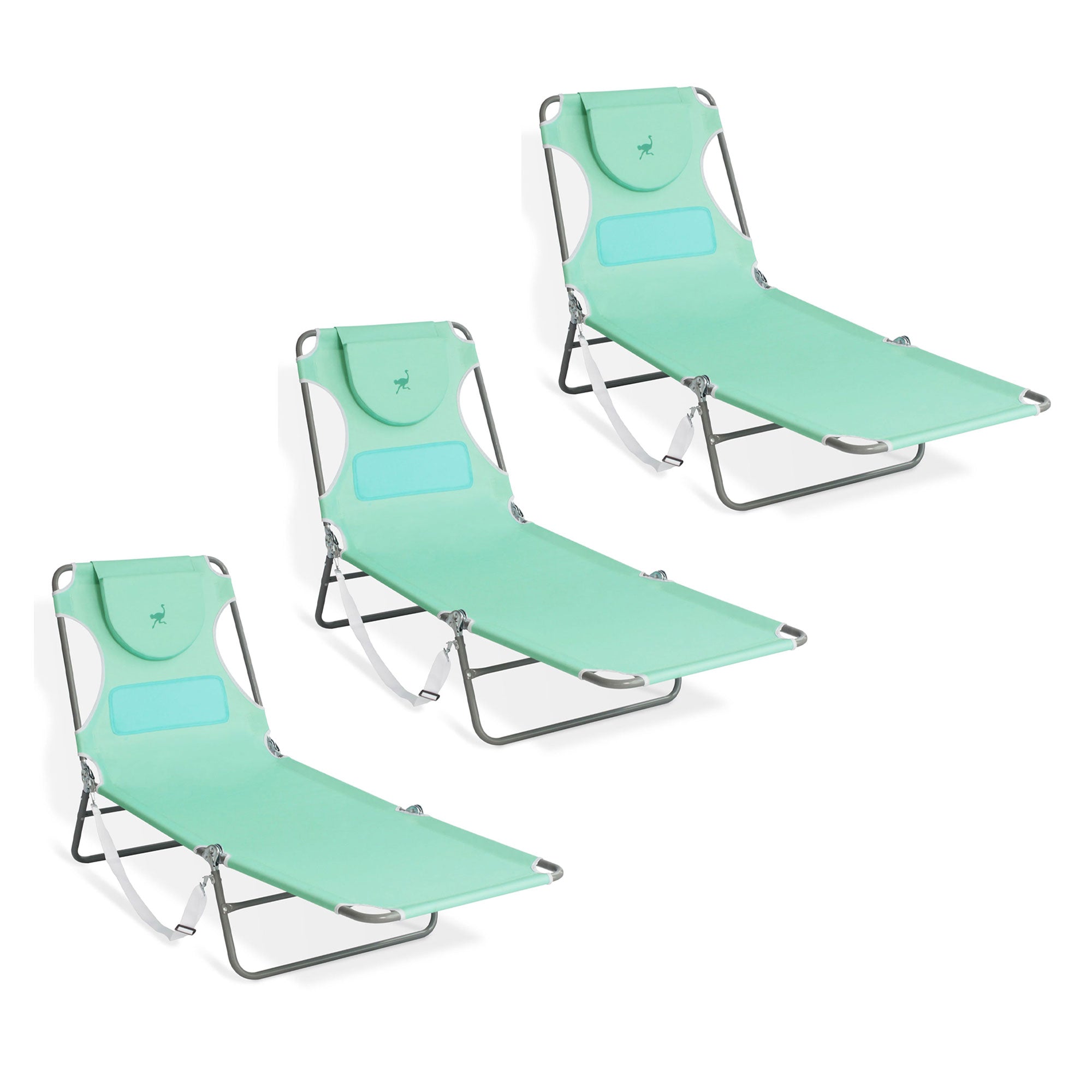 Ostrich Chaise Lounge Folding Sunbathing Poolside Beach Chair, Teal (3 Pack) - VMInnovations