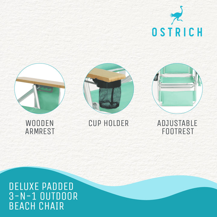 Ostrich Chaise Lounge Folding Chair with Deluxe Padded 3N1 Reclining Chair, Teal - VMInnovations